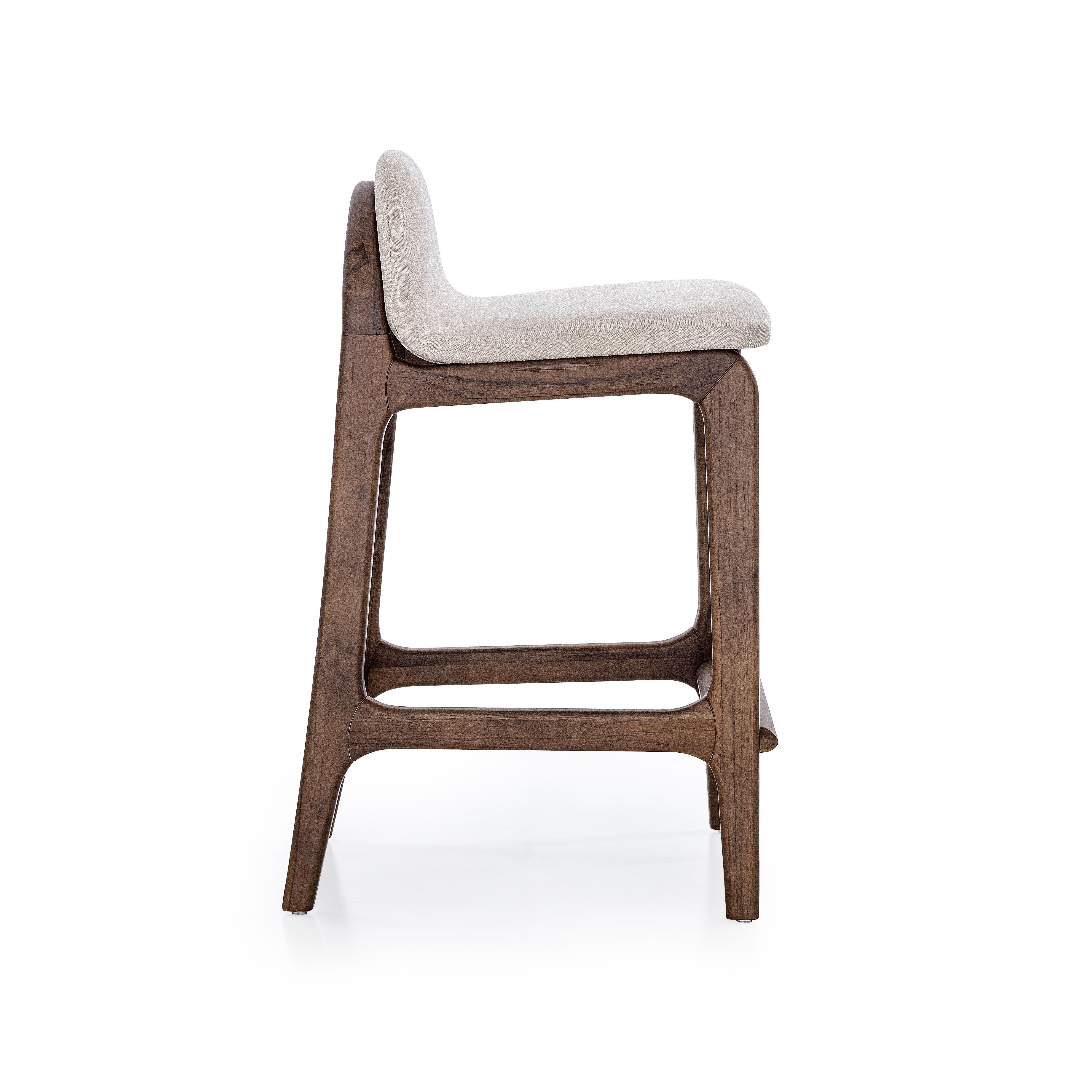 Brazilian Customizable Counter Stool with Walnut Finish and Beige Upholstery, Ura Line For Sale