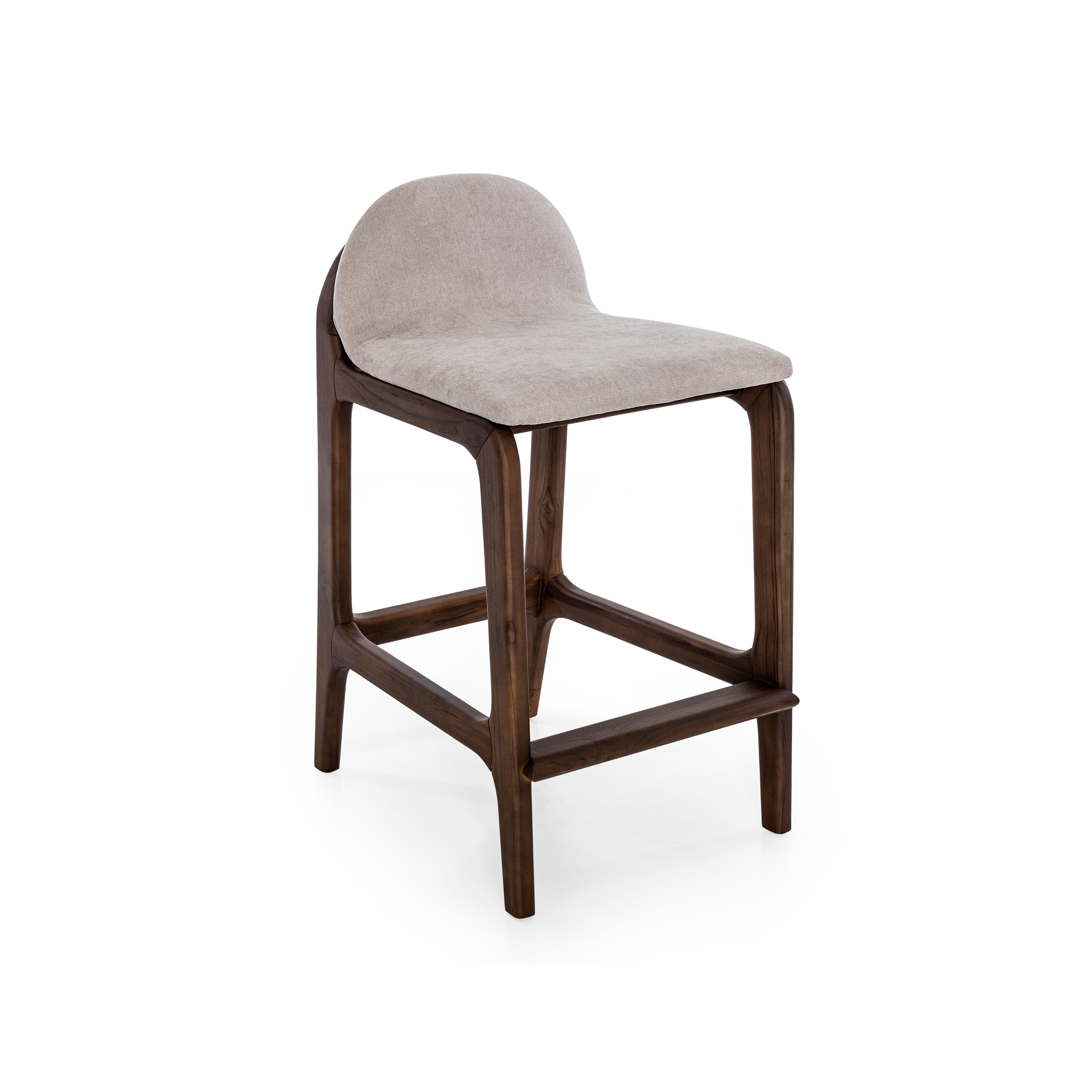 Stained Customizable Counter Stool with Walnut Finish and Beige Upholstery, Ura Line For Sale
