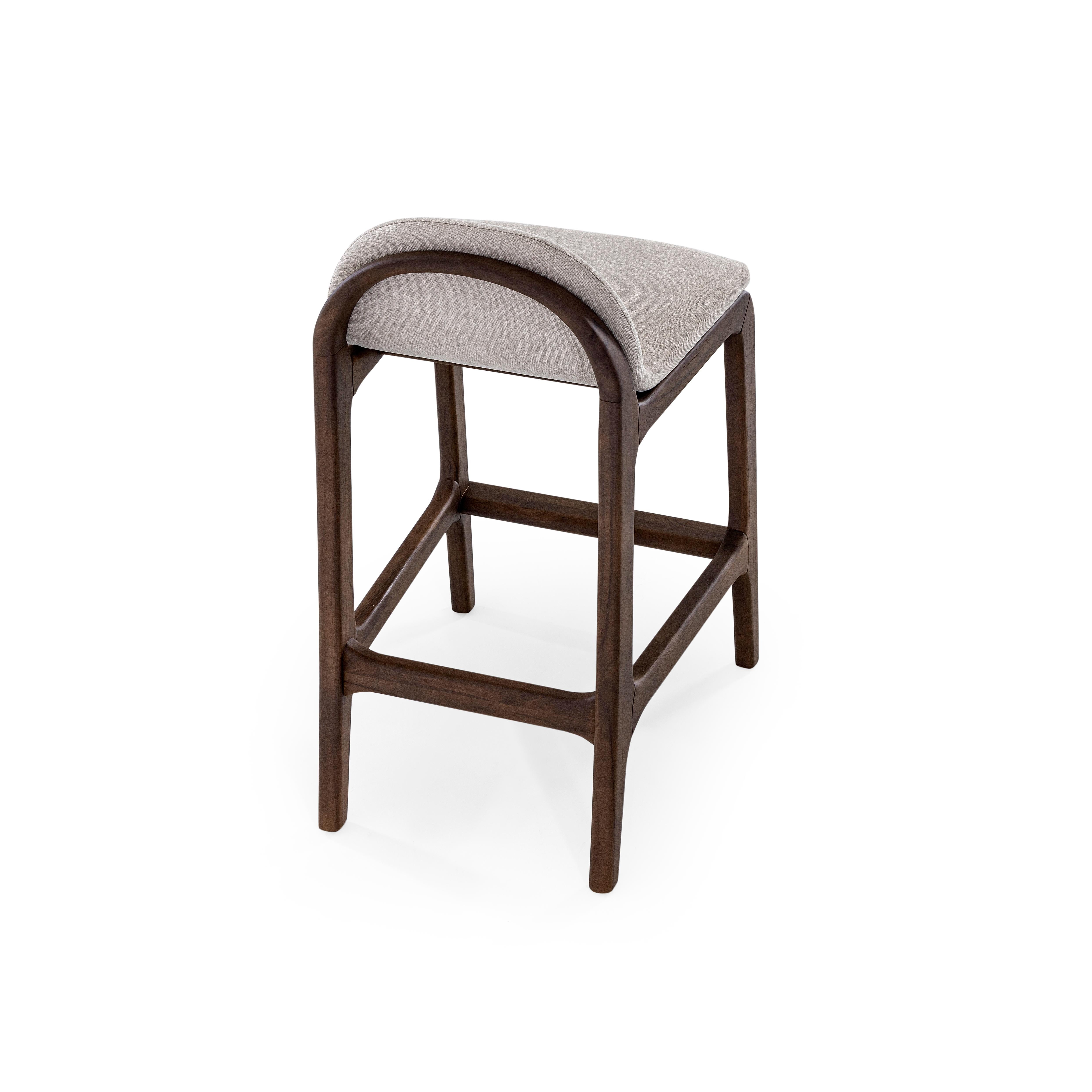 Contemporary Customizable Counter Stool with Walnut Finish and Beige Upholstery, Ura Line For Sale