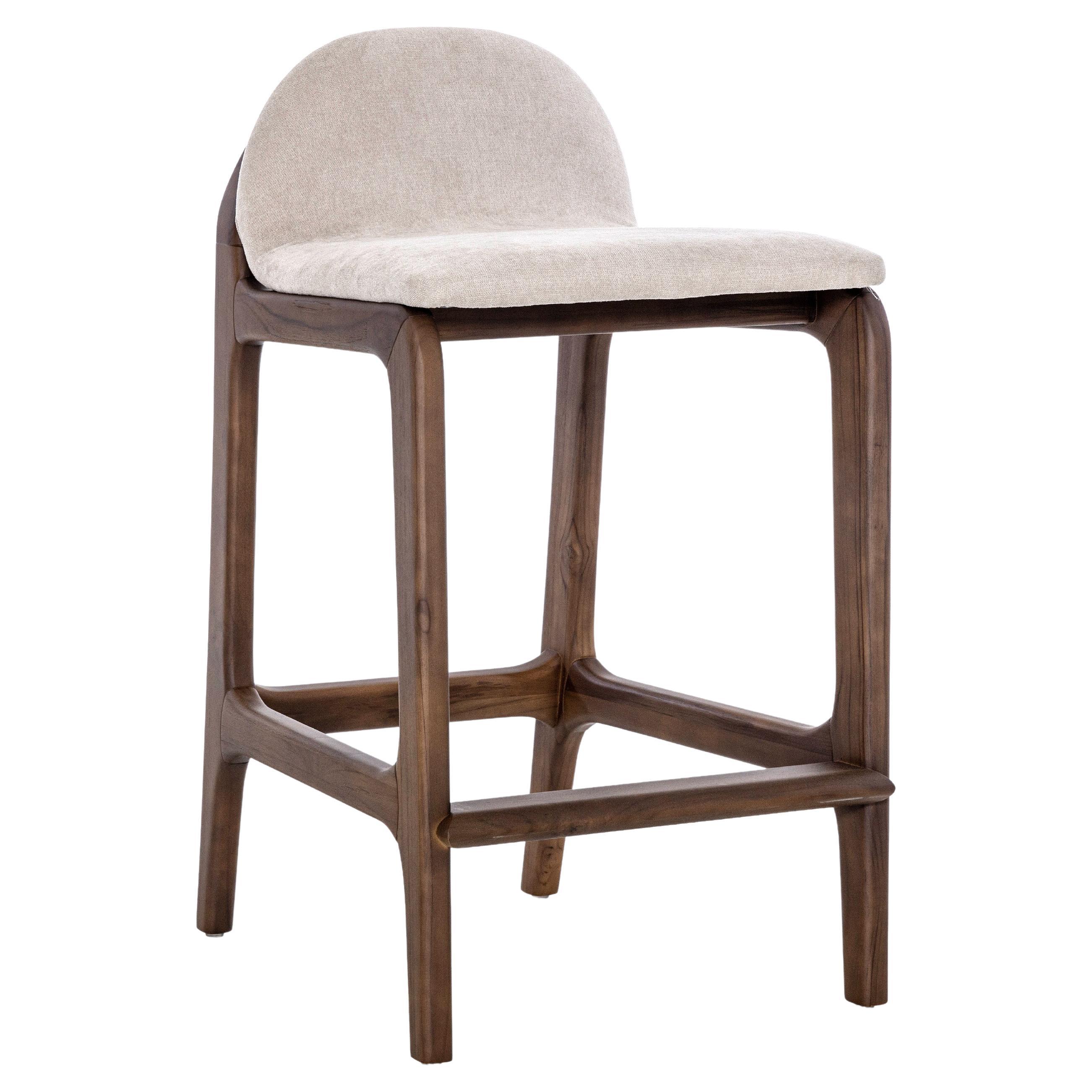 Customizable Counter Stool with Walnut Finish and Beige Upholstery, Ura Line