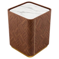 Customizable Curved Walnut Marquetry Nightstand with Marble Top