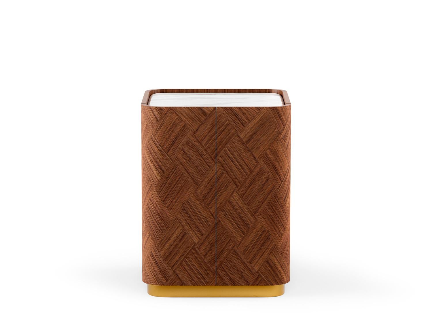 Modern Customizable Curved Walnut Marquetry Nightstand with Marble Top For Sale
