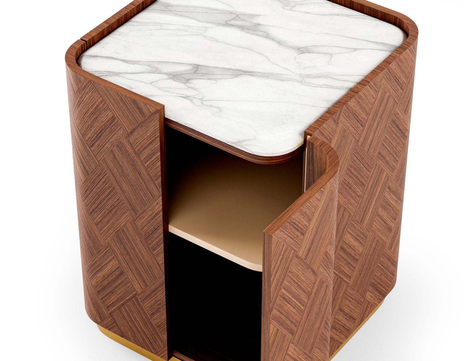 Portuguese Customizable Curved Walnut Marquetry Nightstand with Marble Top For Sale