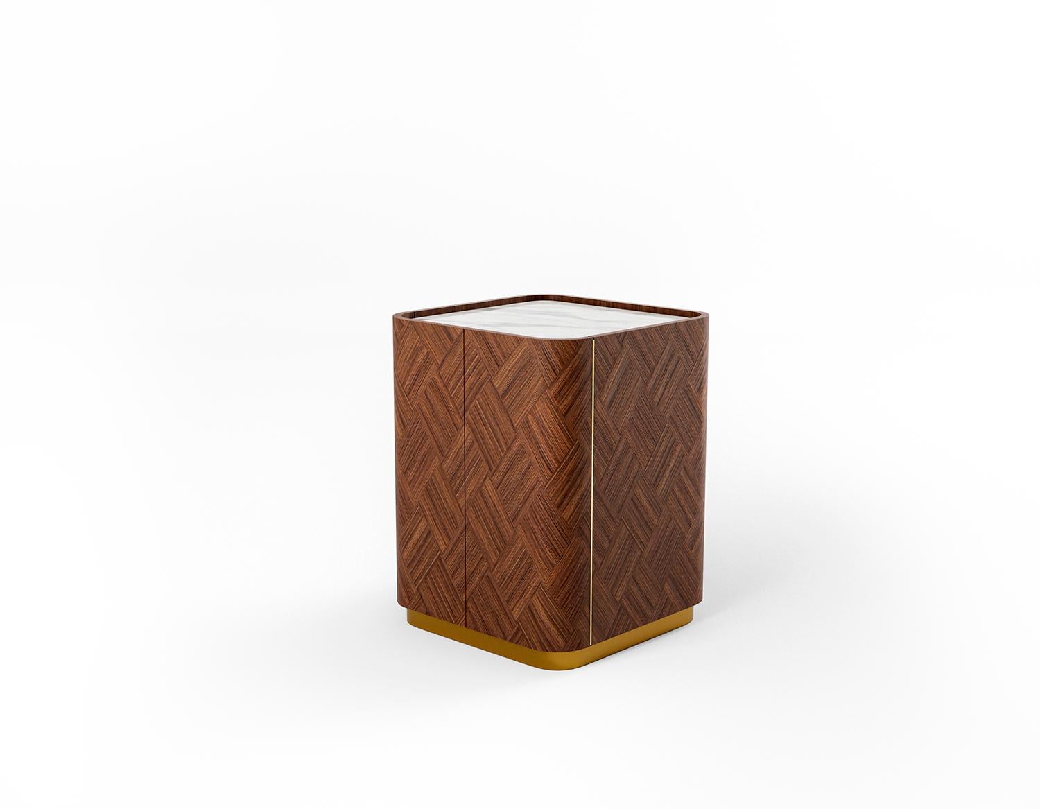 Hand-Crafted Customizable Curved Walnut Marquetry Nightstand with Marble Top For Sale