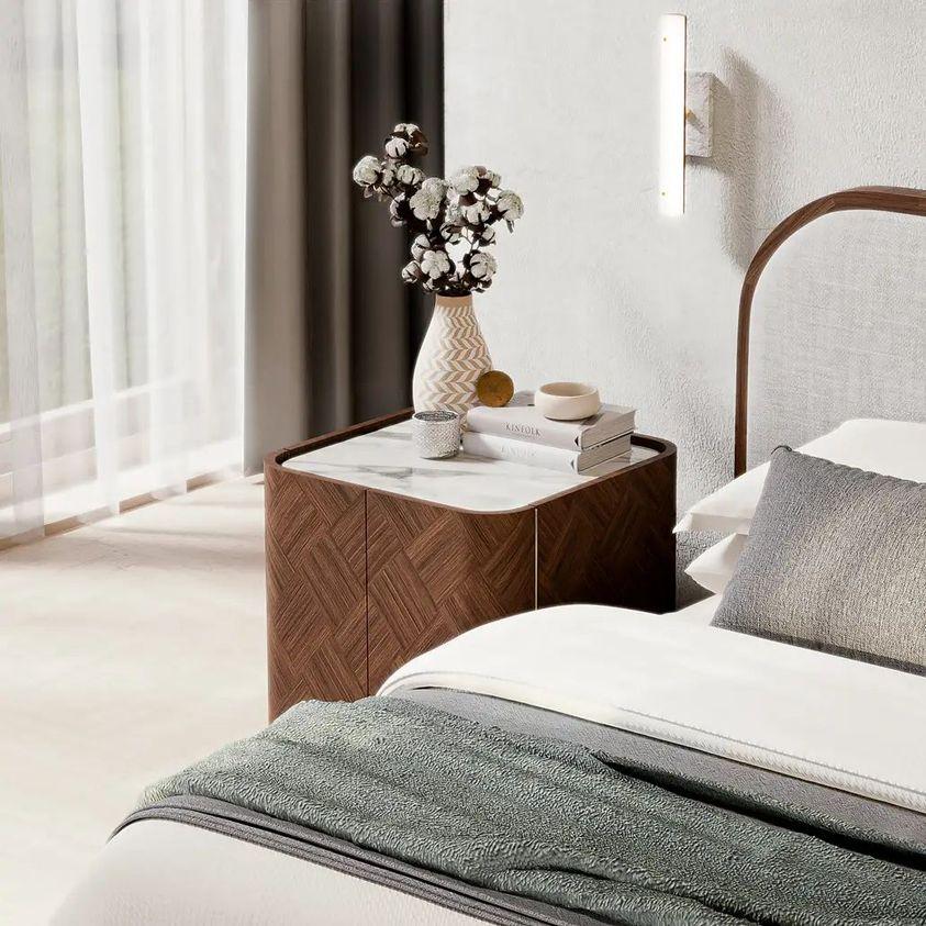 Customizable Curved Walnut Marquetry Nightstand with Marble Top In New Condition For Sale In NEW YORK, NY
