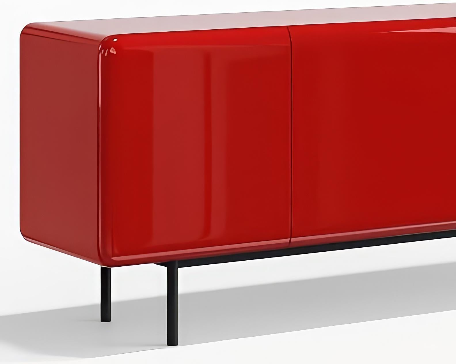 Modern Customizable Curvilinear Credenza in High-Gloss Red Lacquer & Metal Base For Sale