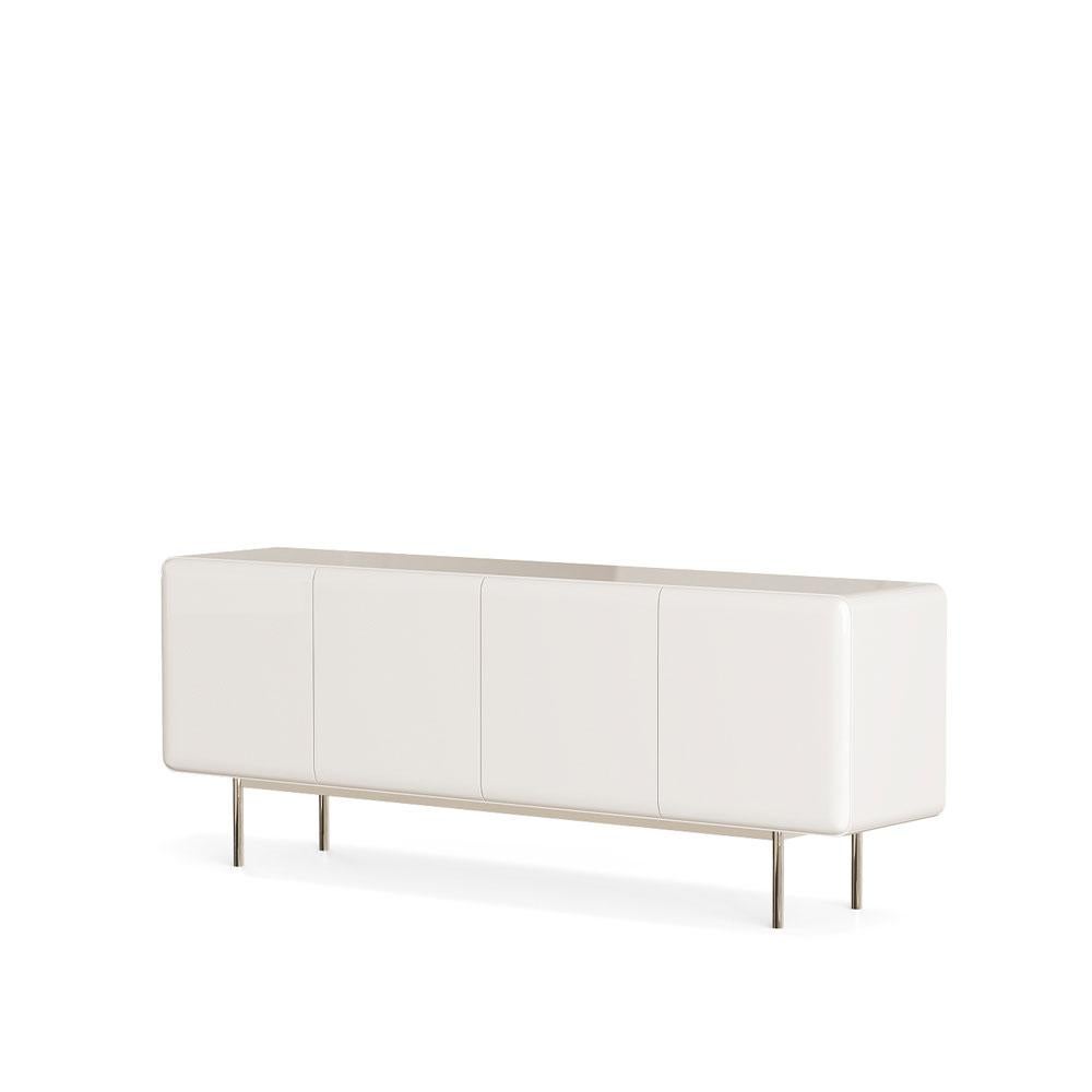Contemporary Customizable Curvilinear Credenza in High-Gloss Red Lacquer & Metal Base For Sale