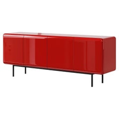 Credenza curvilinea personalizzabile con laccatura rossa lucida e base in metallo