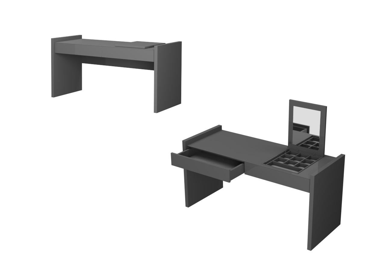 Customizable Desk/Vanity In Matte Walnut with Ottoman In Navy Blue Velvet For Sale 4