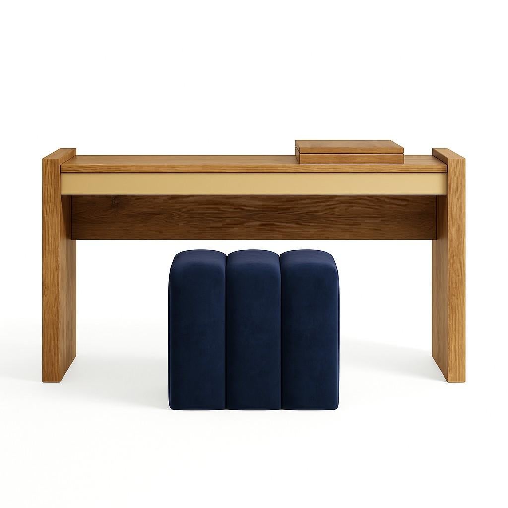 Customizable Desk/Vanity In Matte Walnut with Ottoman In Navy Blue Velvet For Sale 5