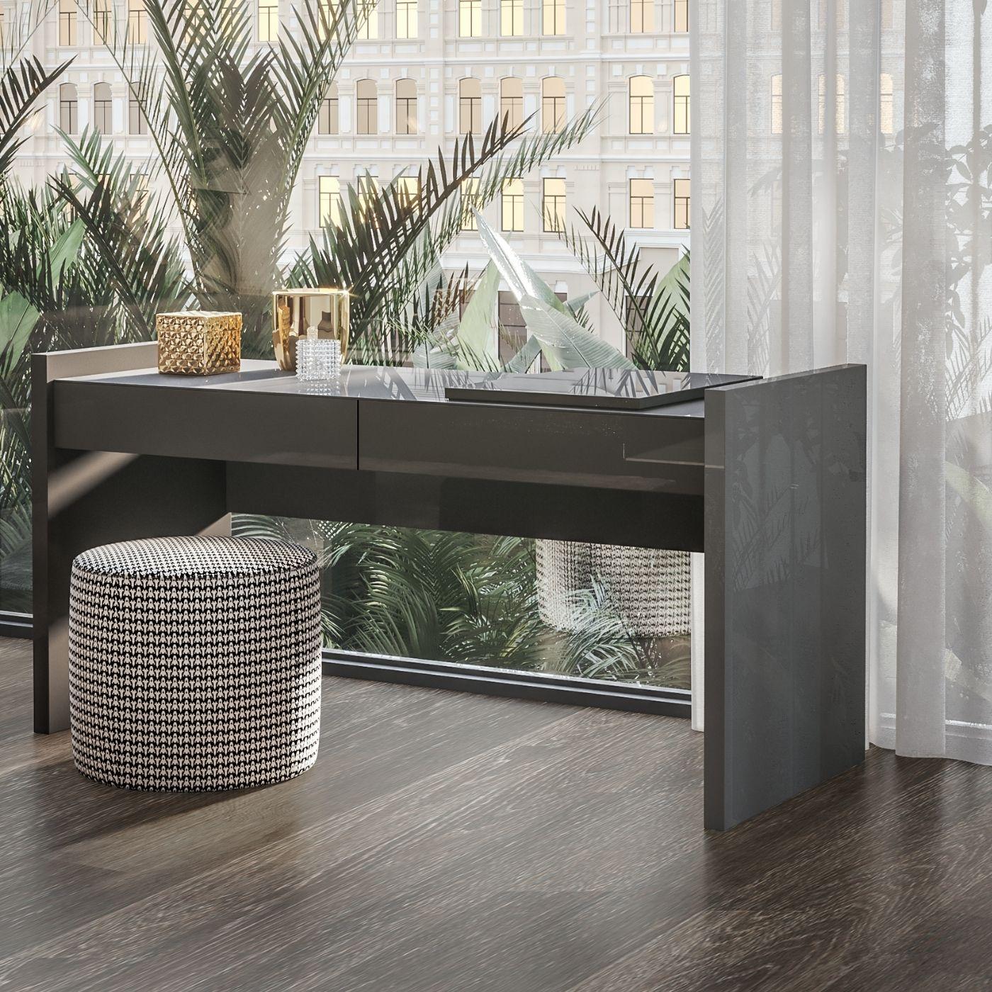 Modern Customizable Desk/Vanity In Matte Walnut with Ottoman In Navy Blue Velvet For Sale