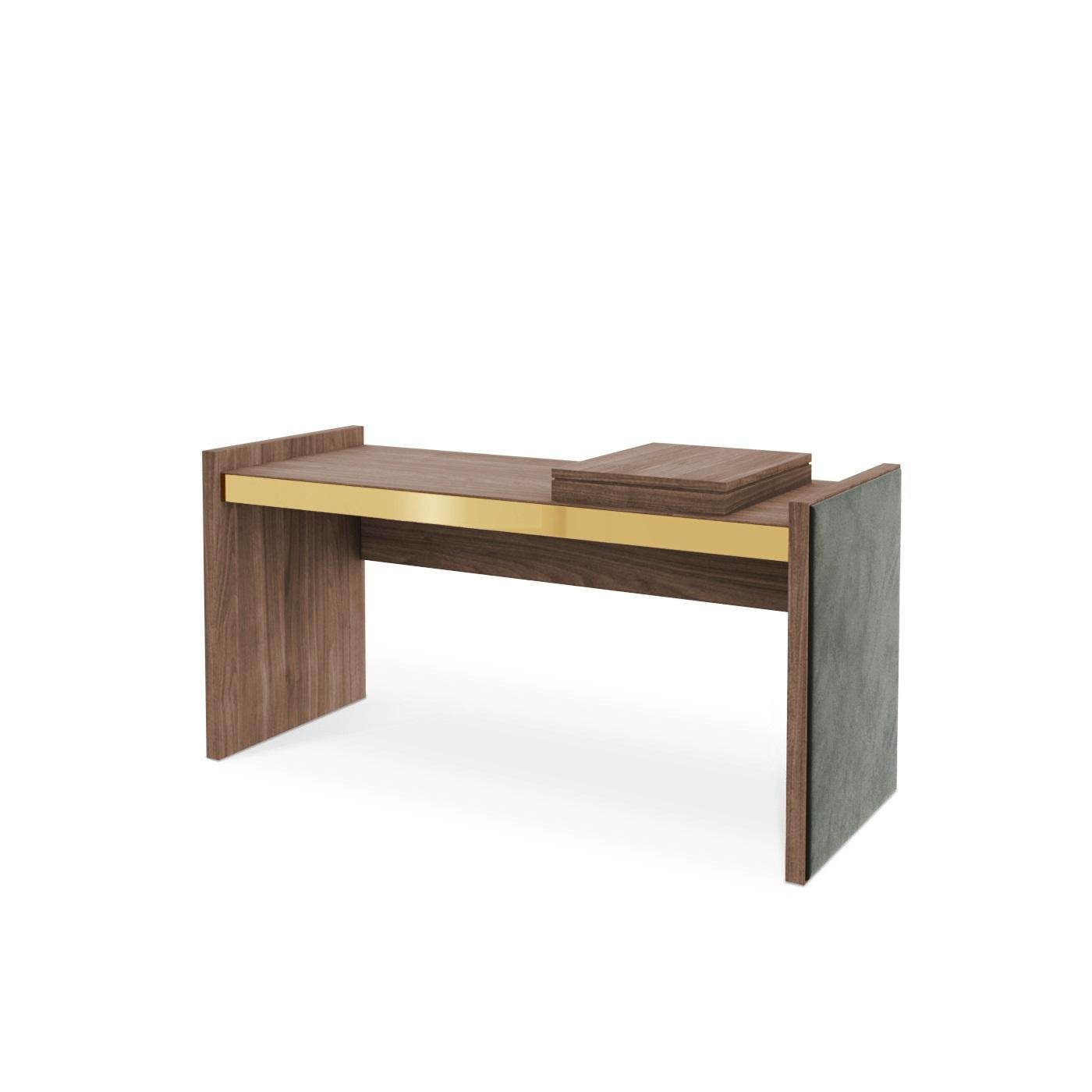 European Customizable Desk/Vanity In Matte Walnut with Ottoman In Navy Blue Velvet For Sale