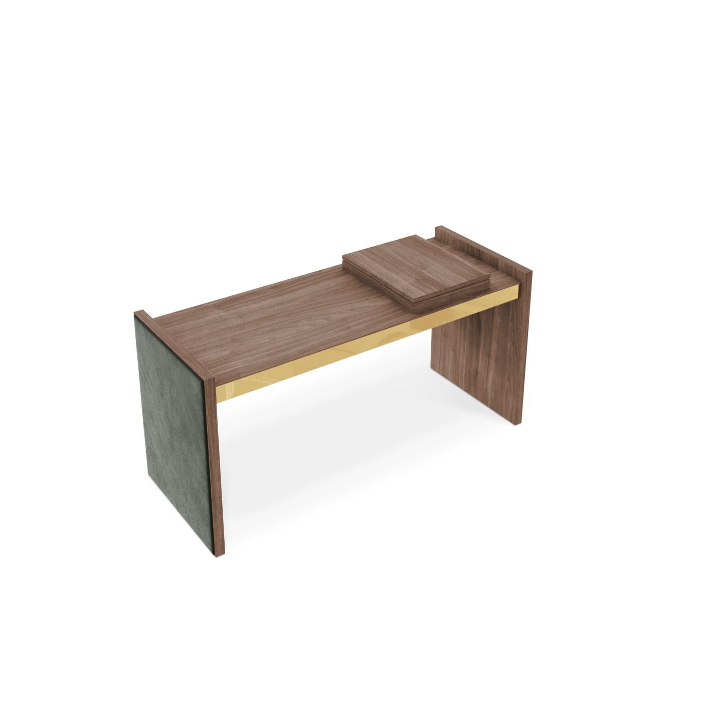 Hand-Crafted Customizable Desk/Vanity In Matte Walnut with Ottoman In Navy Blue Velvet For Sale