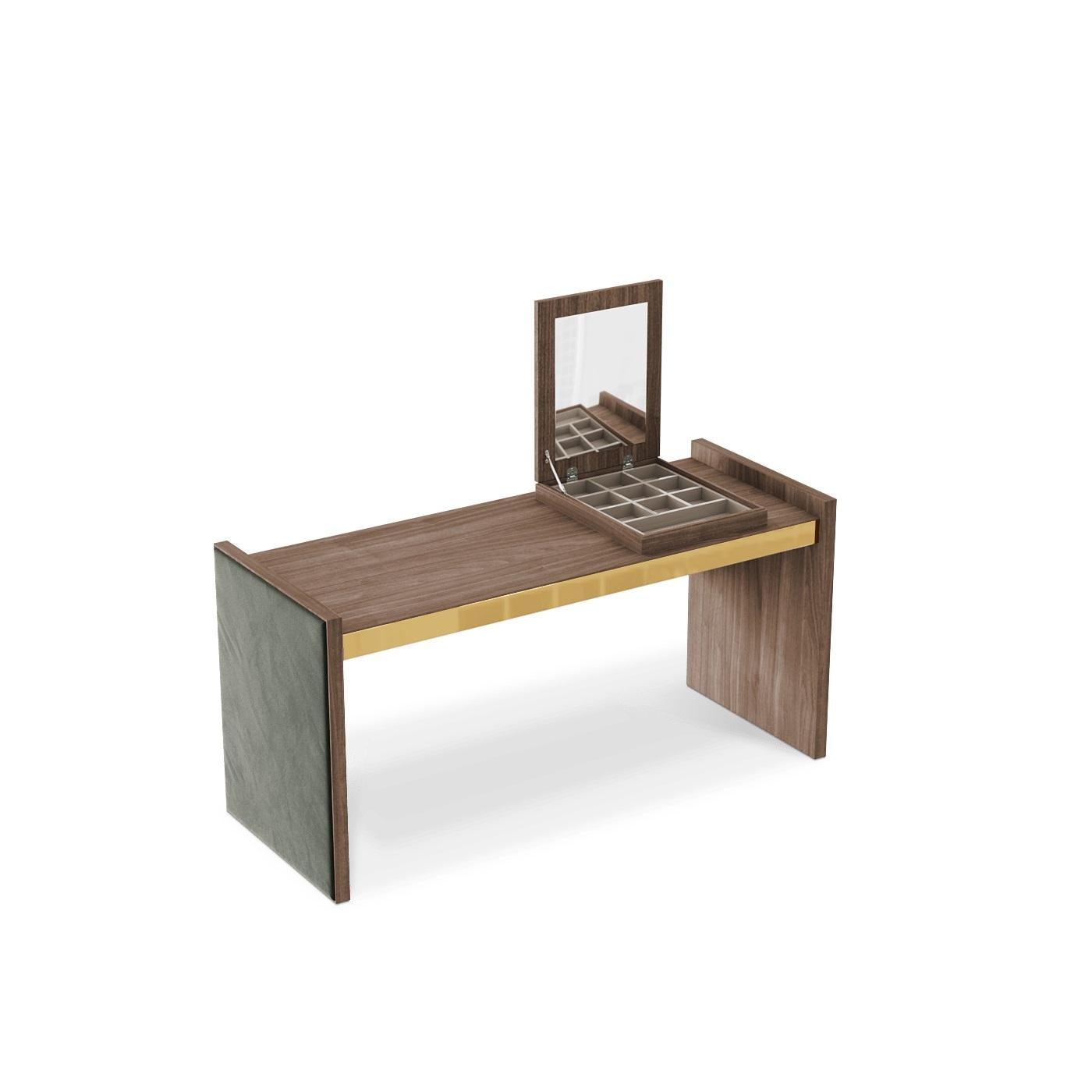 Customizable Desk/Vanity In Matte Walnut with Ottoman In Navy Blue Velvet In New Condition For Sale In NEW YORK, NY
