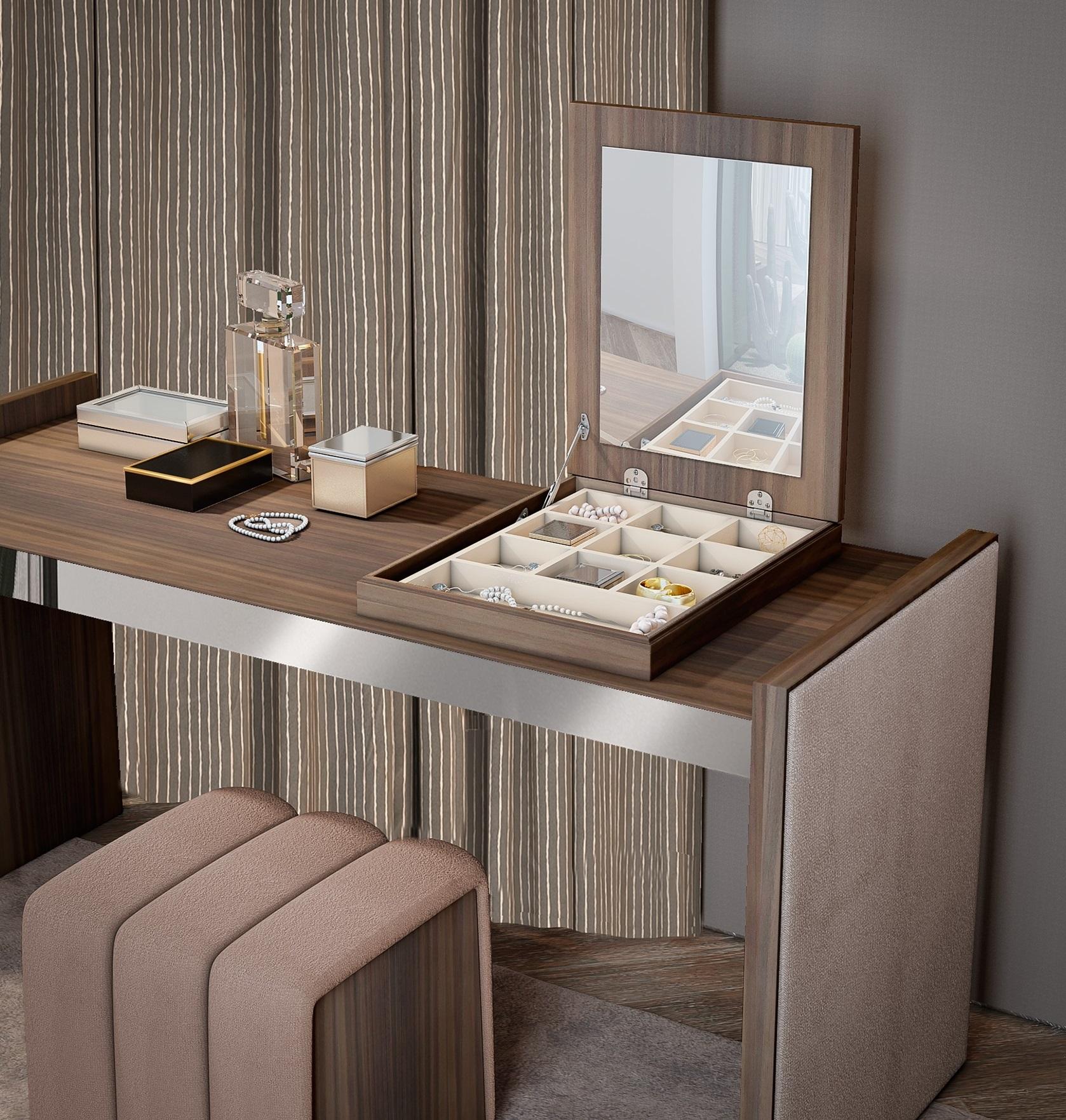 Contemporary Customizable Desk/Vanity In Matte Walnut with Ottoman In Navy Blue Velvet For Sale