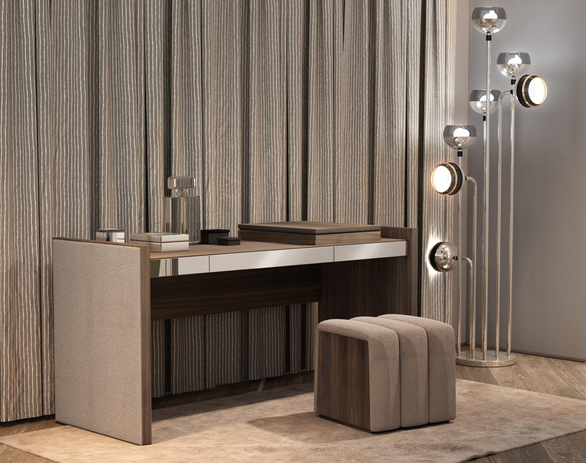 Upholstery Customizable Desk/Vanity In Matte Walnut with Ottoman In Navy Blue Velvet For Sale