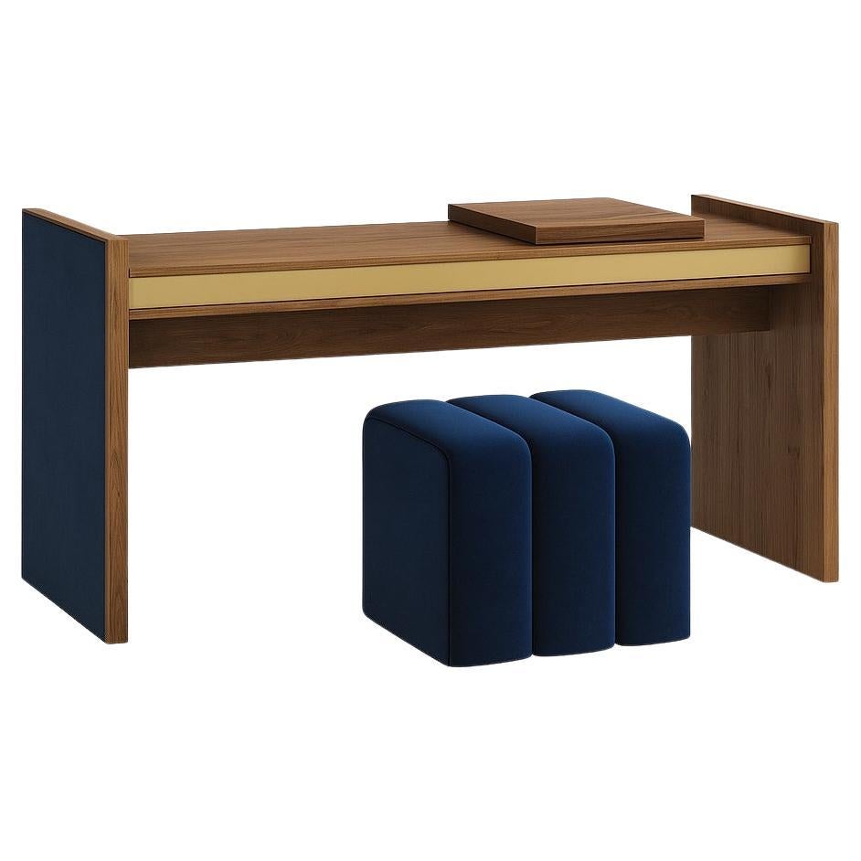 Customizable Desk/Vanity In Matte Walnut with Ottoman In Navy Blue Velvet For Sale