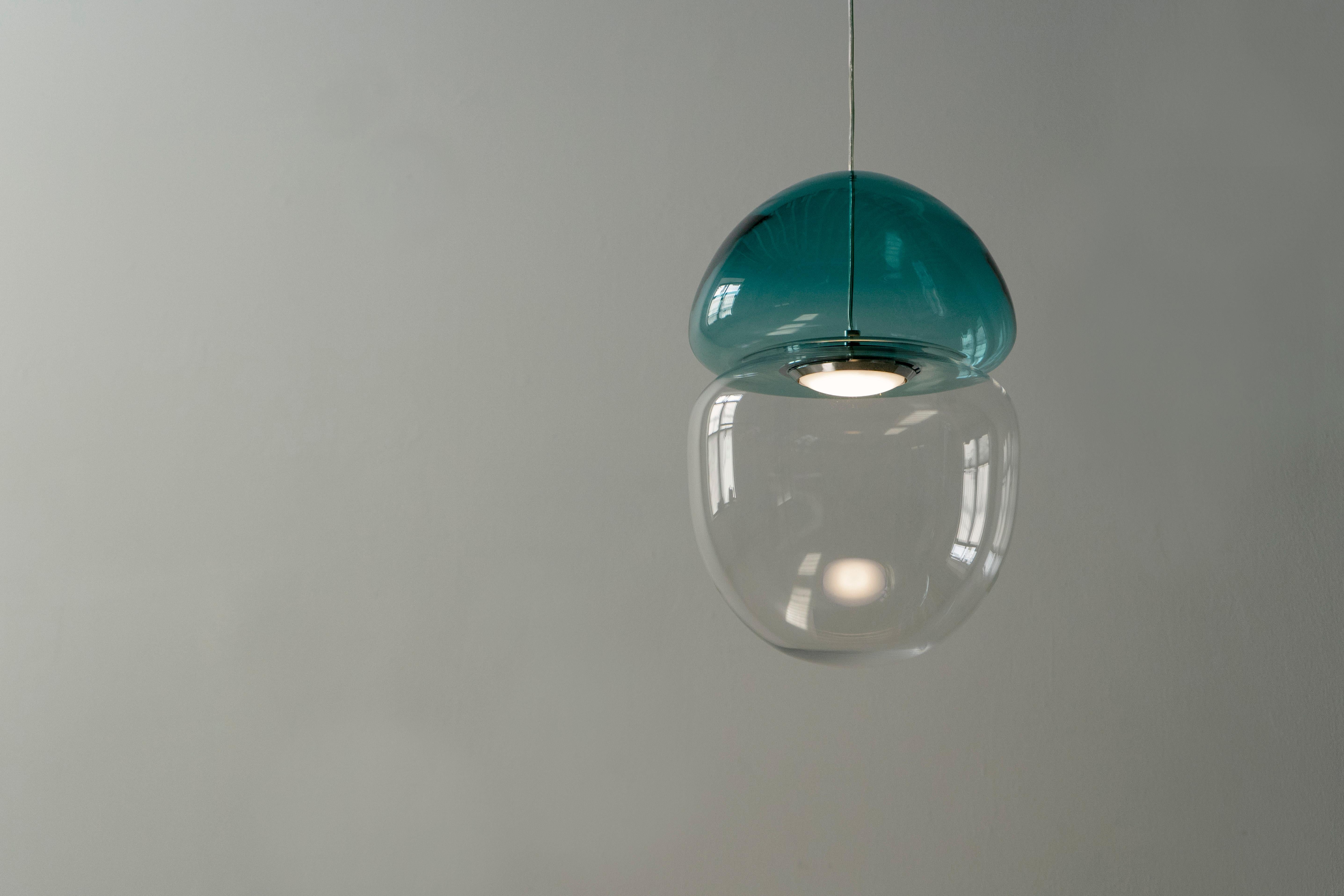 Dew and Drop Hand Blown Glass Pendant Lamp in Mountain Blue In New Condition For Sale In White Plains, NY
