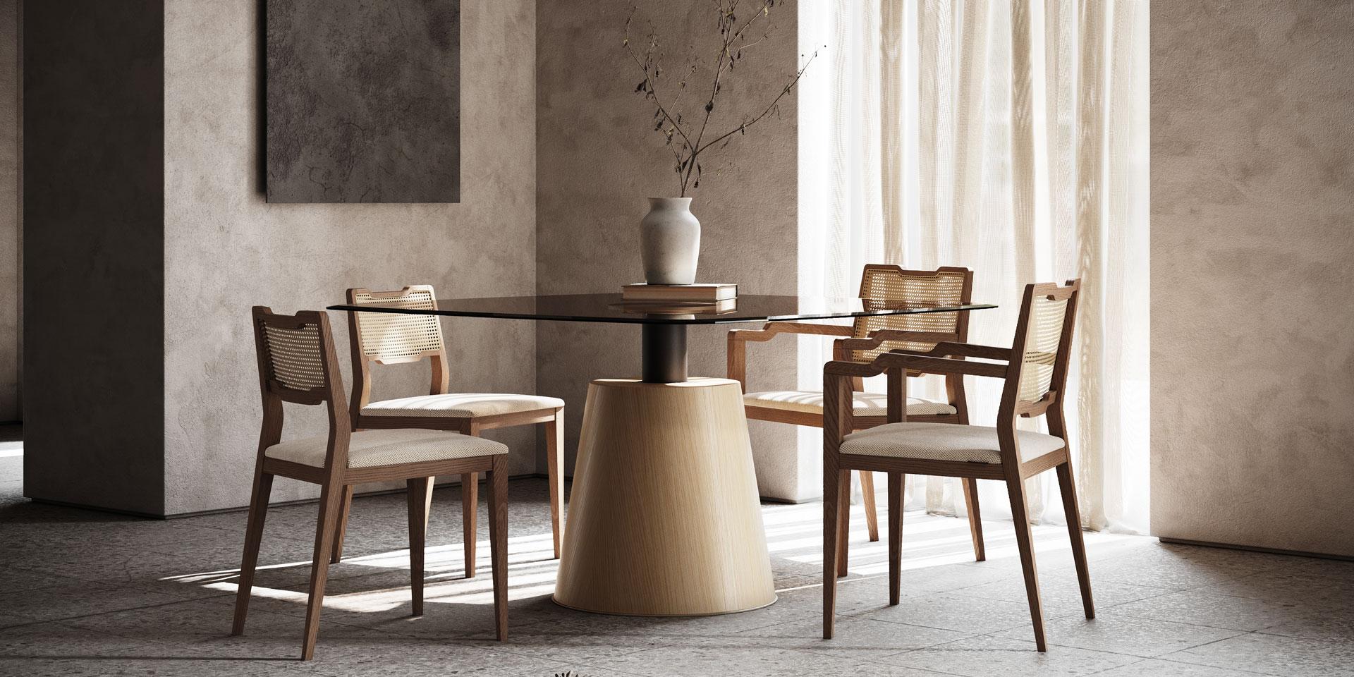 Poltrona da pranzo personalizzabile con schienale in rattan in finitura noce in vendita 1