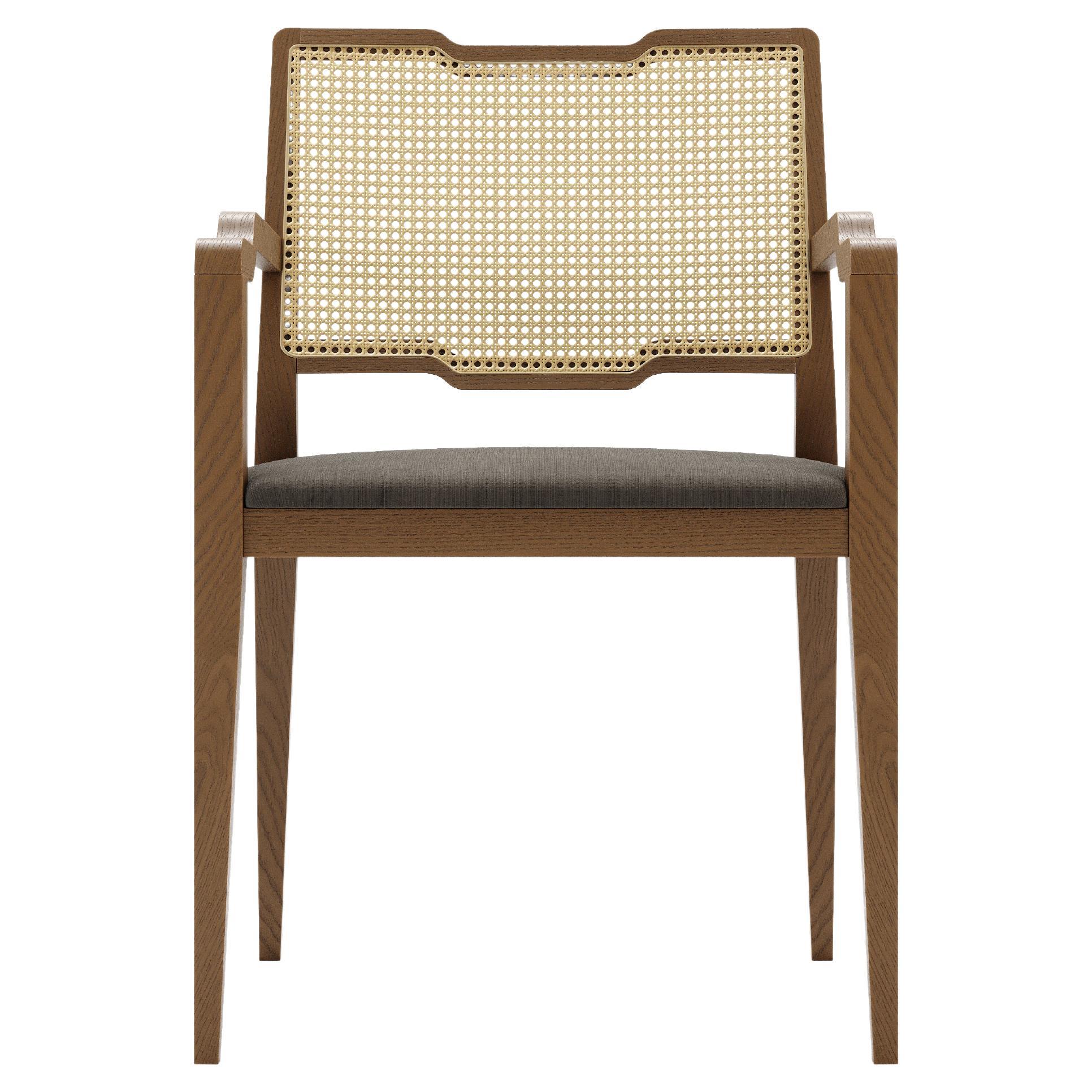 Customizable Dining Armchair With Rattan Back Detailing In Walnut Finish