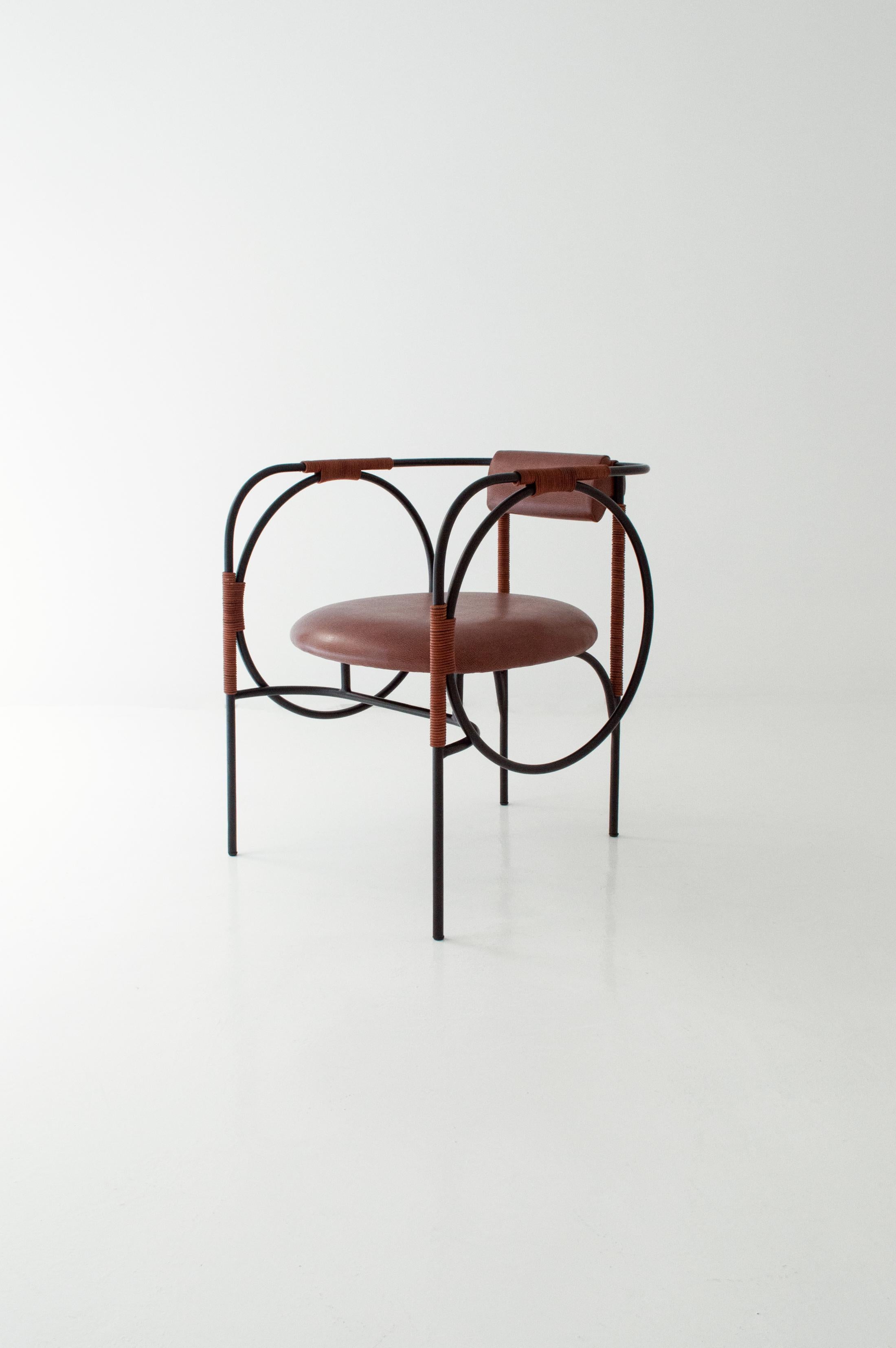 Modern Customizable Dining Room Chair TROTTER, recycled leather and steel —Brown For Sale