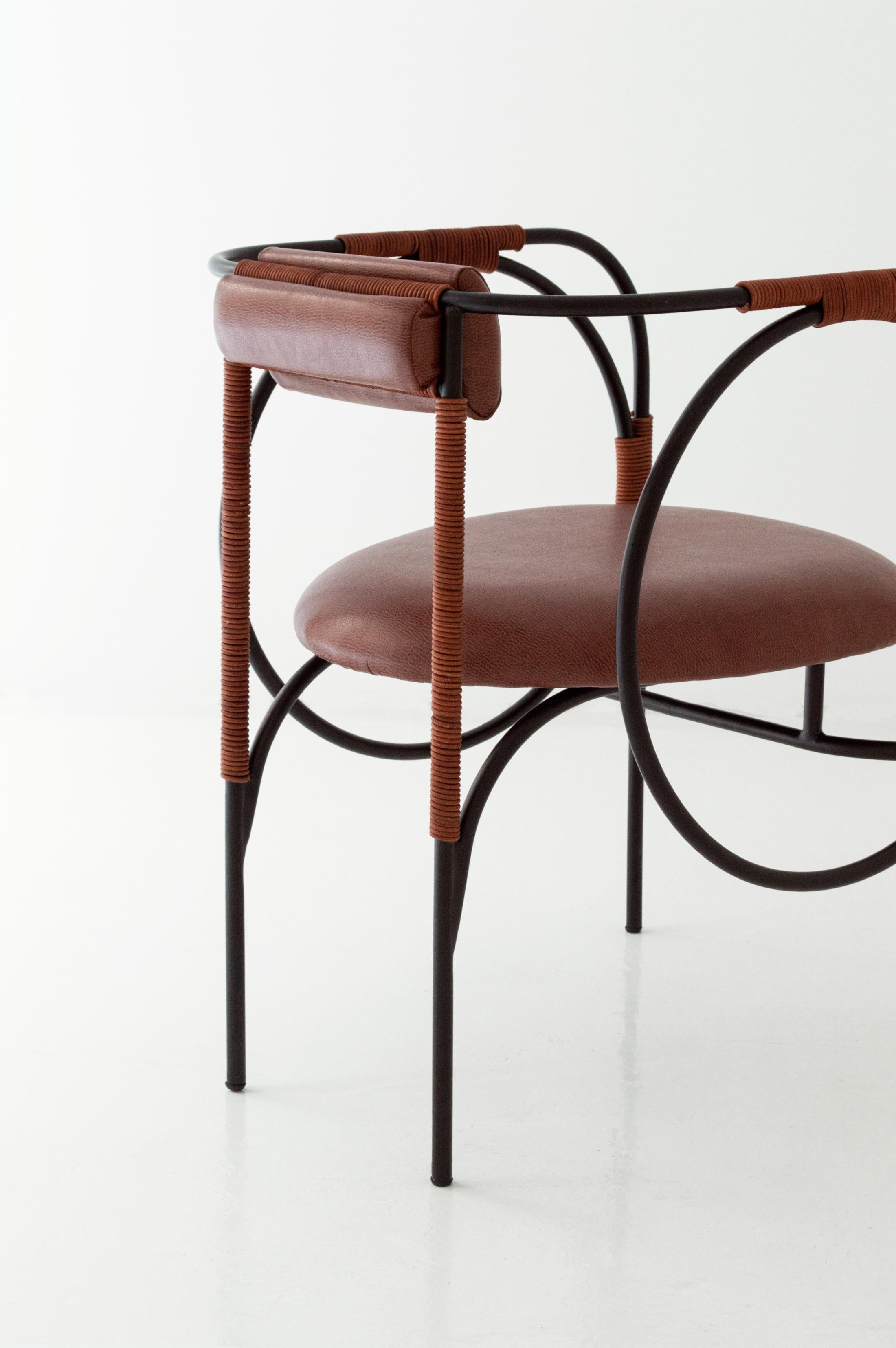 Powder-Coated Customizable Dining Room Chair TROTTER, recycled leather and steel —Brown For Sale