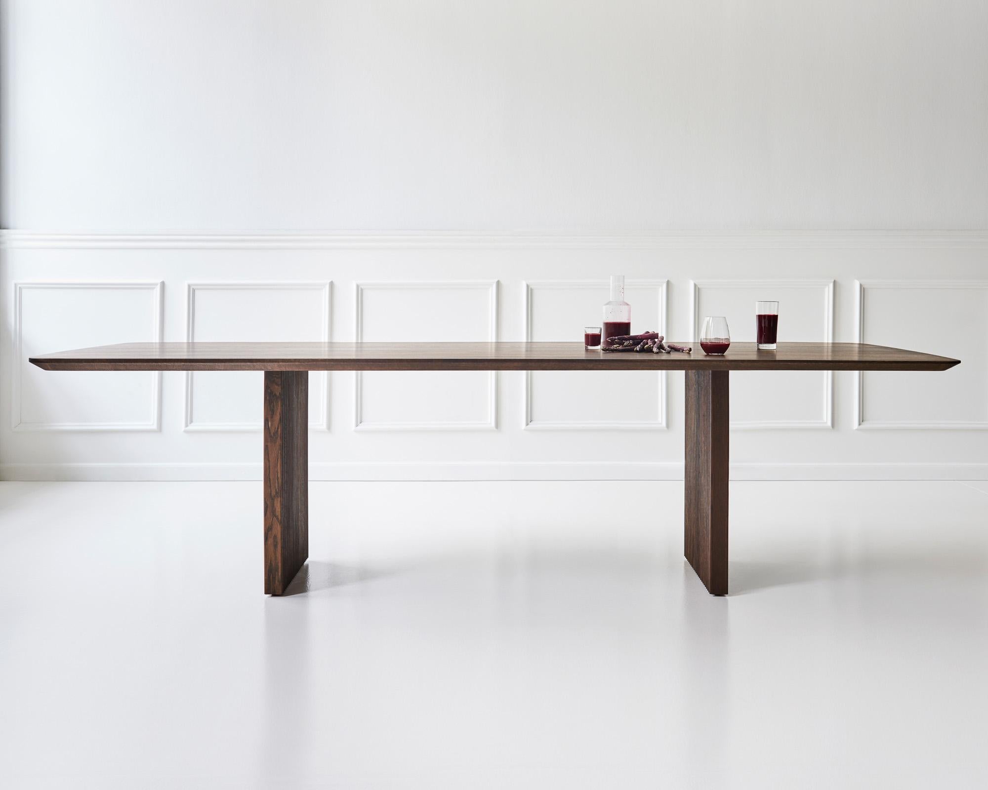 TEN dining table, rectangular, 240cm
Solid wood tabletop and legs

Height: 72 or 74 cm

Tabletop dimensions:
– 200 x 95 cm
– 240 x 105 cm
– 270 x 105 cm
– 300 x 105 cm
– 340 x 105 cm
– 370 x 105 cm
– 400 x 105 cm

Tabletop’s thickness: