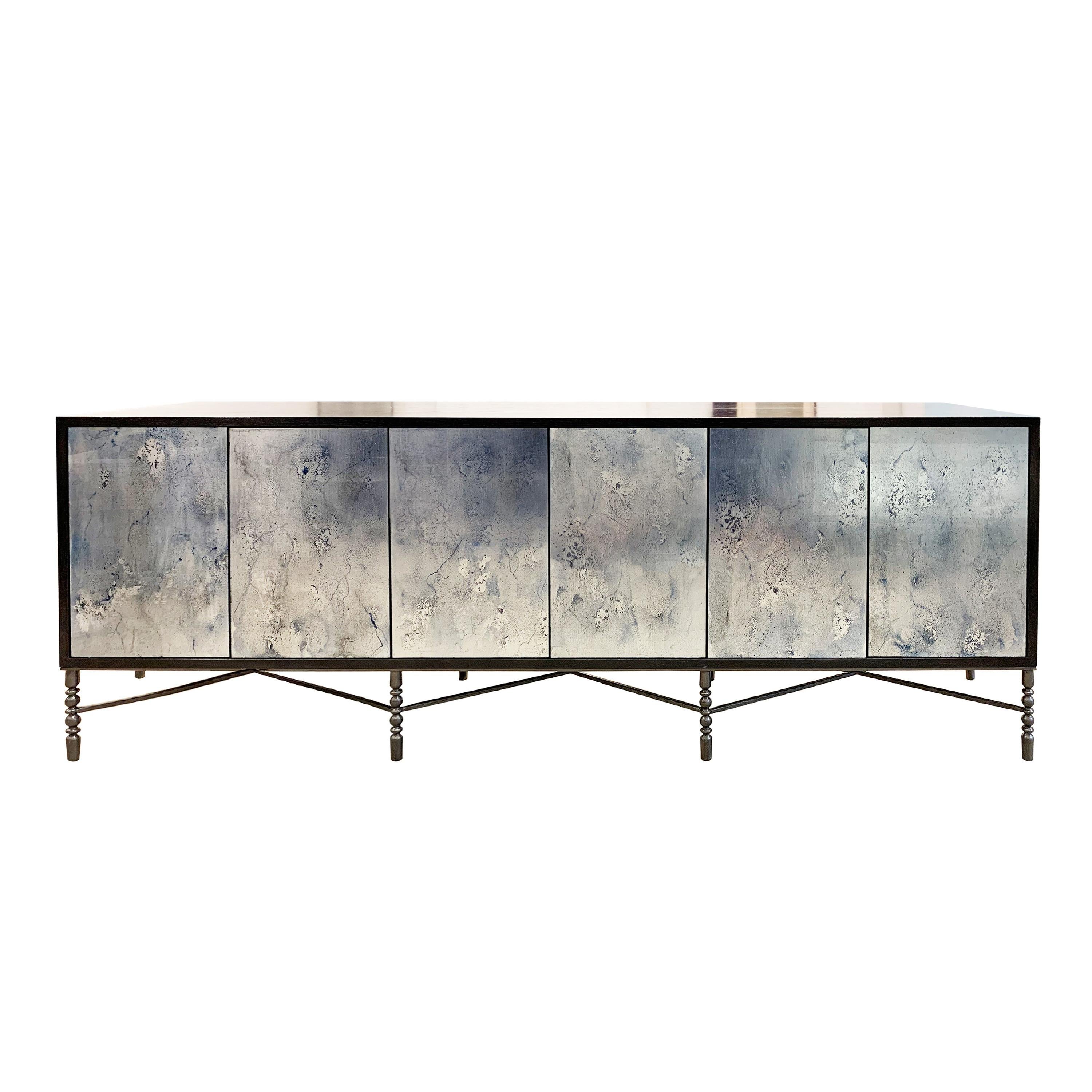 Modern Églomisé Blue Silver Glass Buffet with Bespoke Metal Base by Ercole Home For Sale