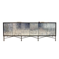 Customizable Églomisé Blue Silver Glass Buffet with Metal Base by Ercole Home