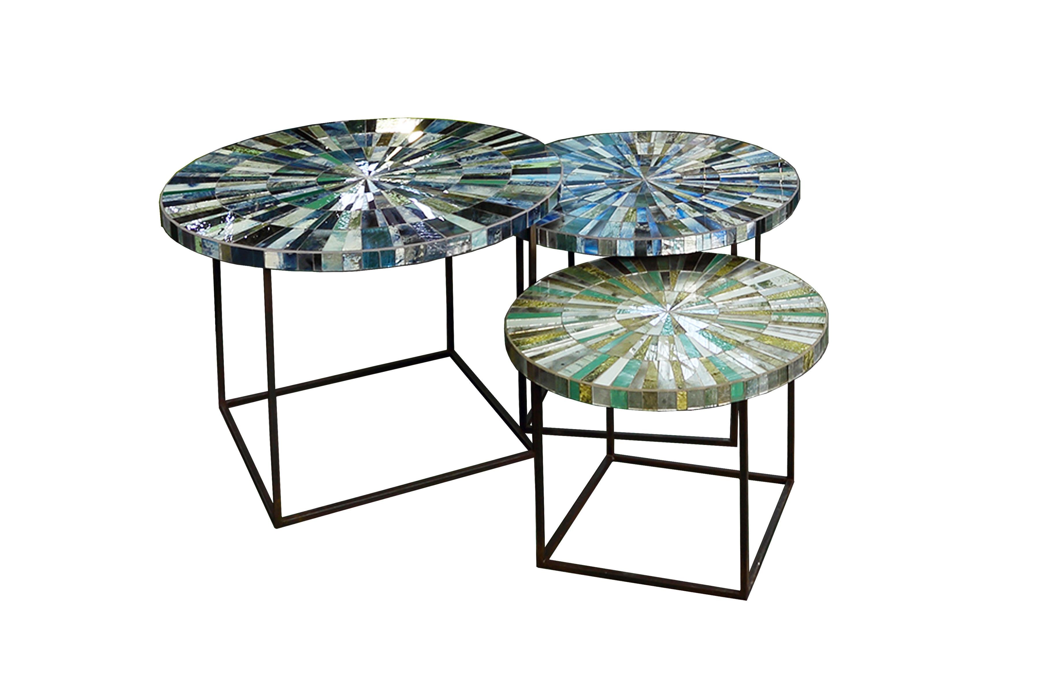 American Modern Eglomise Glass Mosaic Round Aqua Coffee Table by Ercole Home For Sale