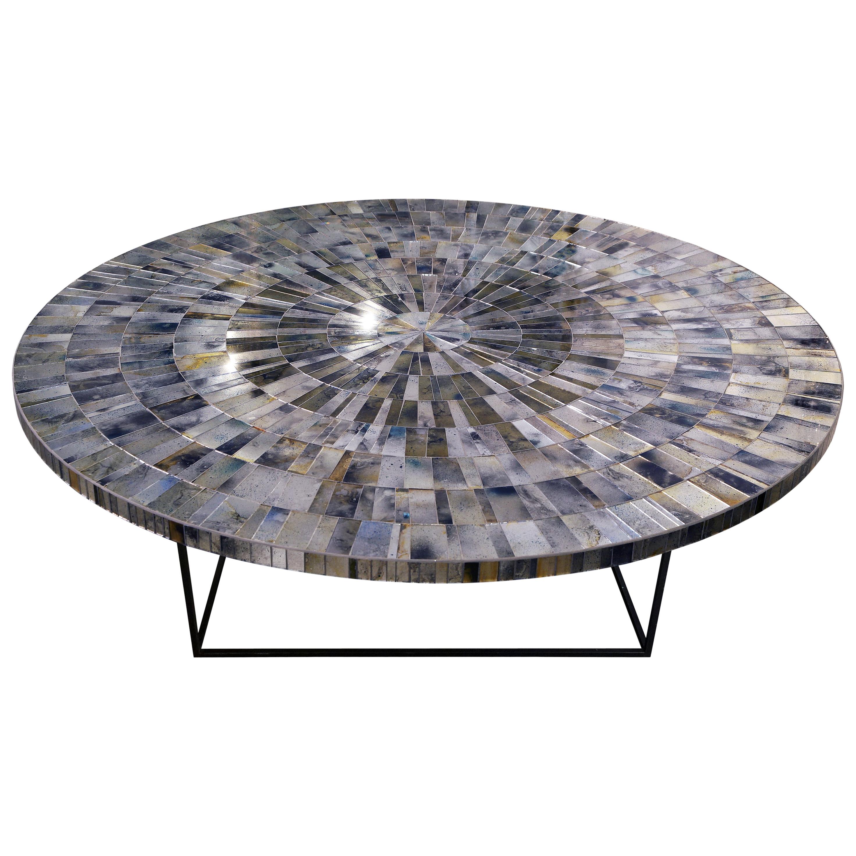 Hand-Crafted Modern Eglomise Glass Mosaic Round Aqua Coffee Table by Ercole Home For Sale