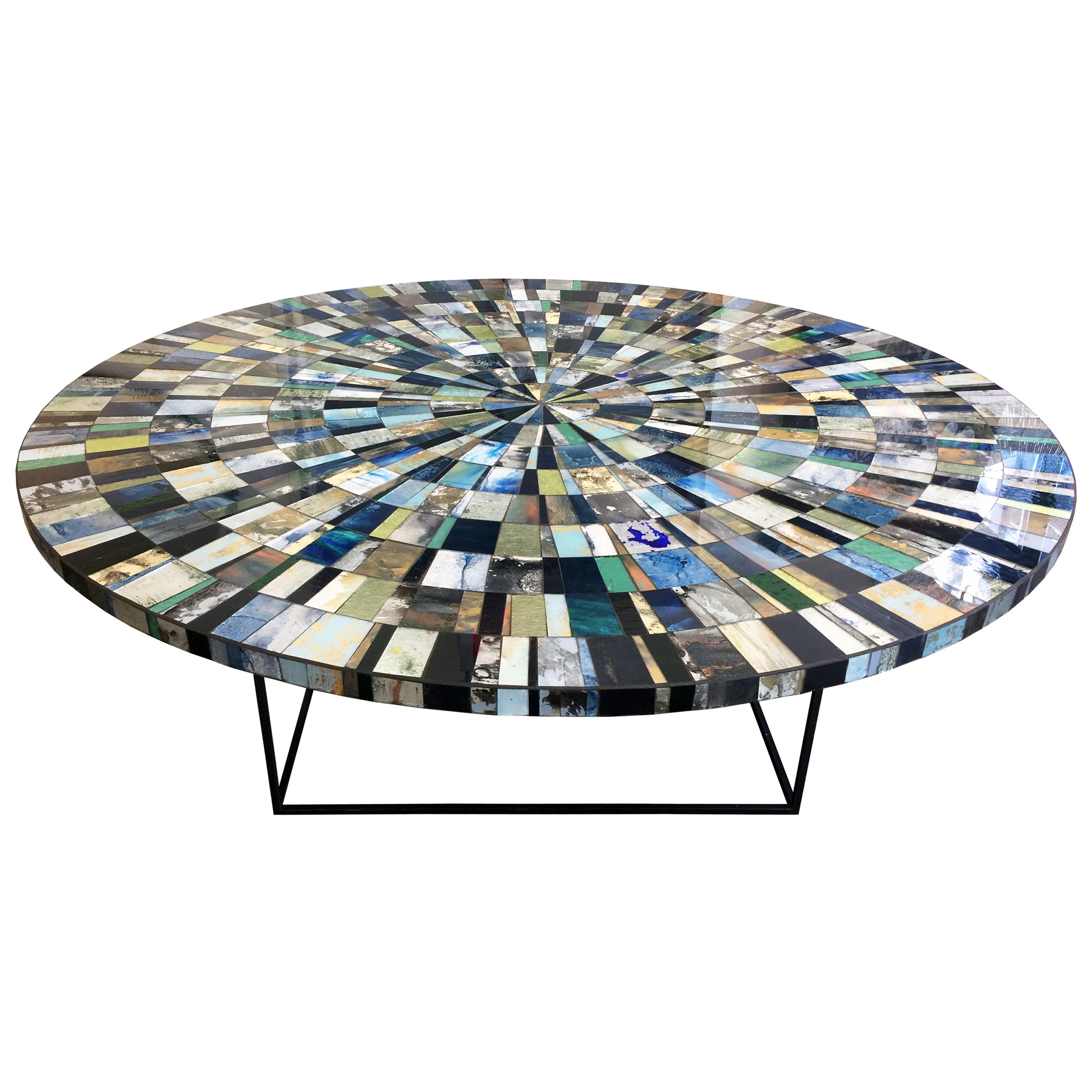 Modern Eglomise Glass Mosaic Round Aqua Coffee Table by Ercole Home For Sale