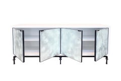 Modern Églomisé White Silver Glass Buffet with Bespoke Metal Base by Ercole Home