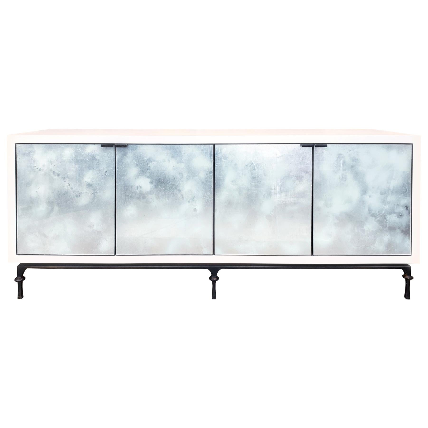 Modern Églomisé White Silver Glass Buffet with Bespoke Metal Base by Ercole Home For Sale