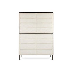 Customizable Four Doors Cabinet In Oak Wood With Limed Finish Backed With Fabric