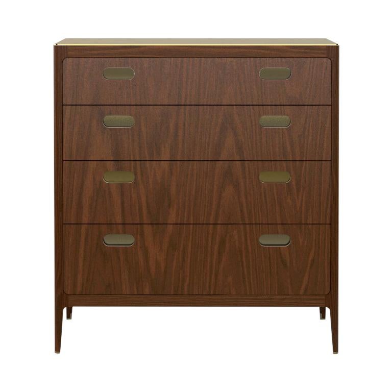 Customizable Four-Drawer Walnut Dresser with Brass Top from Munson Furniture For Sale