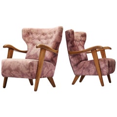 Customizable French Lounge Chairs in Oak and Fabric Upholstery