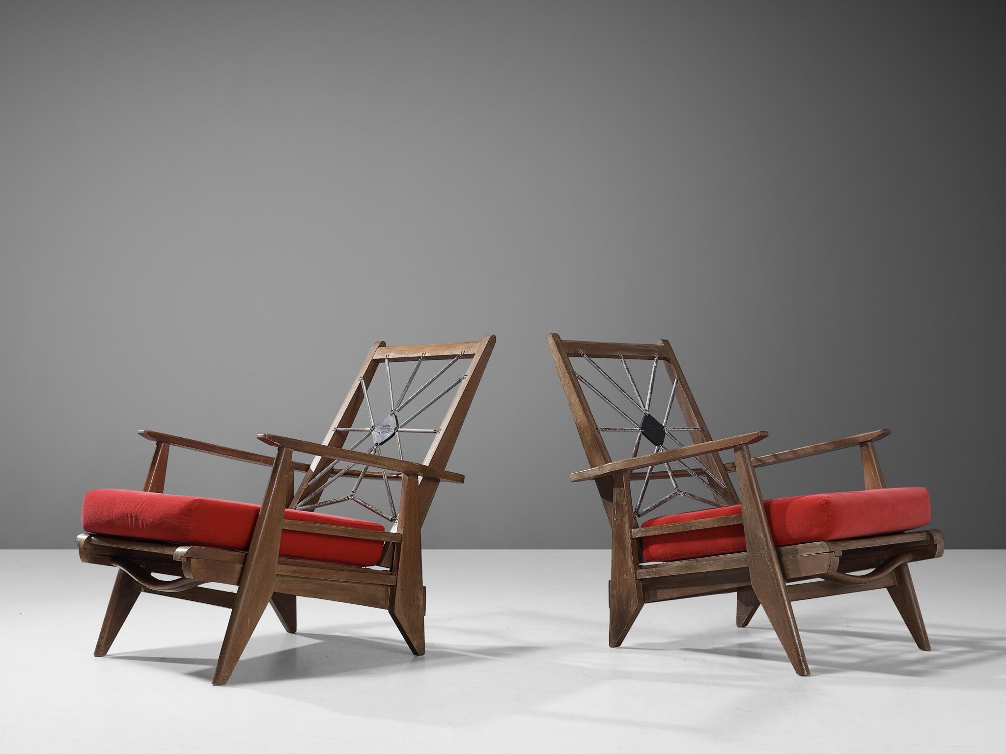 Mid-Century Modern French Pair of Lounge Chairs with Constructivist Wooden Frame