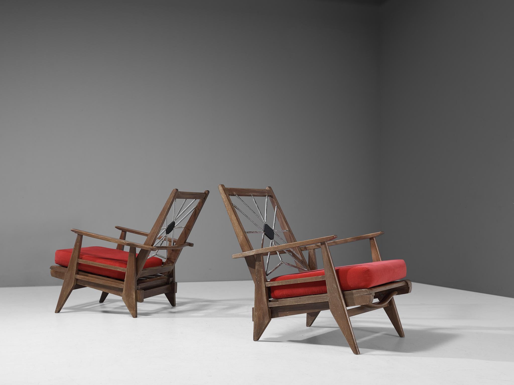 Metal French Pair of Lounge Chairs with Constructivist Wooden Frame