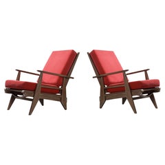 French Pair of Lounge Chairs with Constructivist Wooden Frame