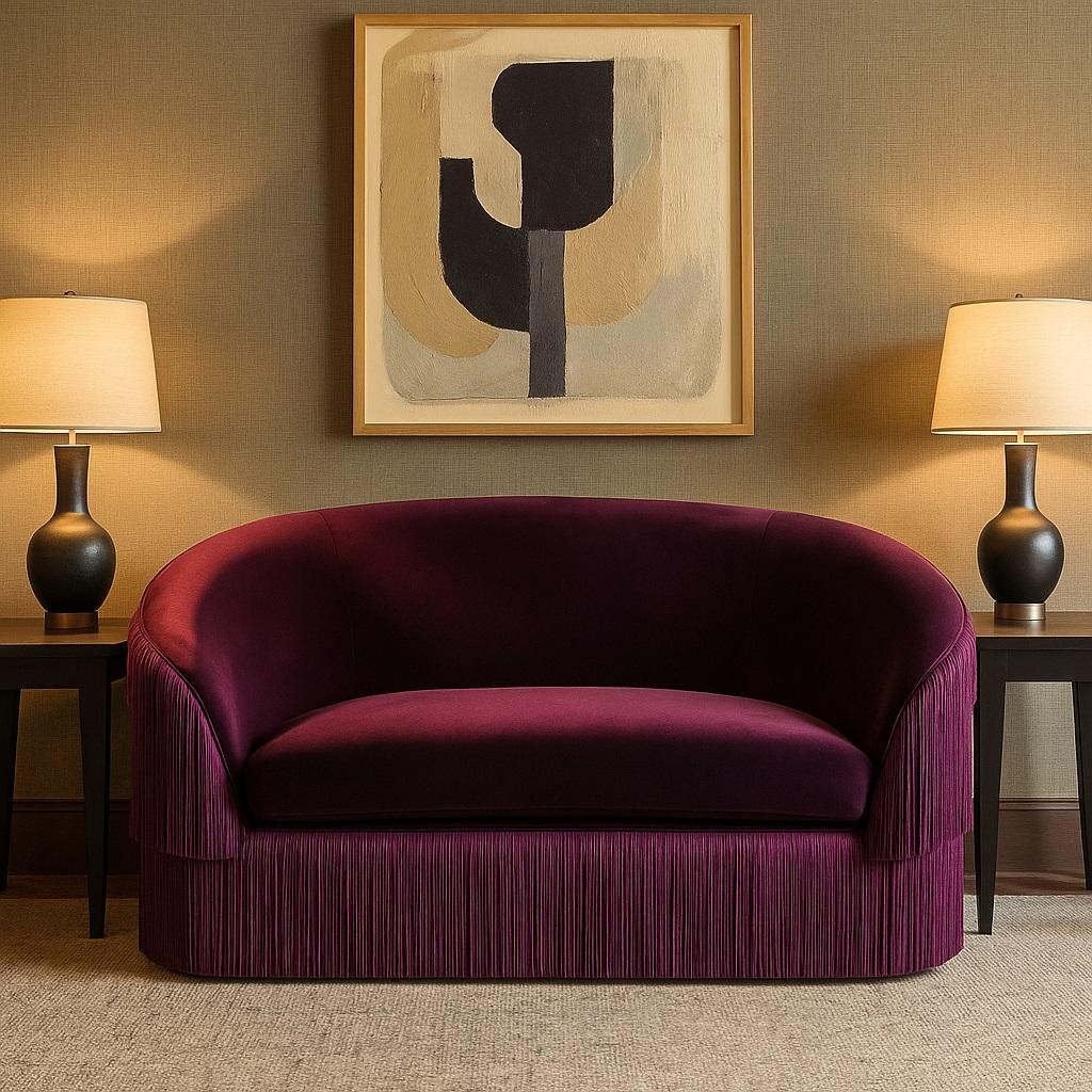 Anpassbare Fransen Loveseat von Munna in Mulberry Velvet (Portugiesisch) im Angebot