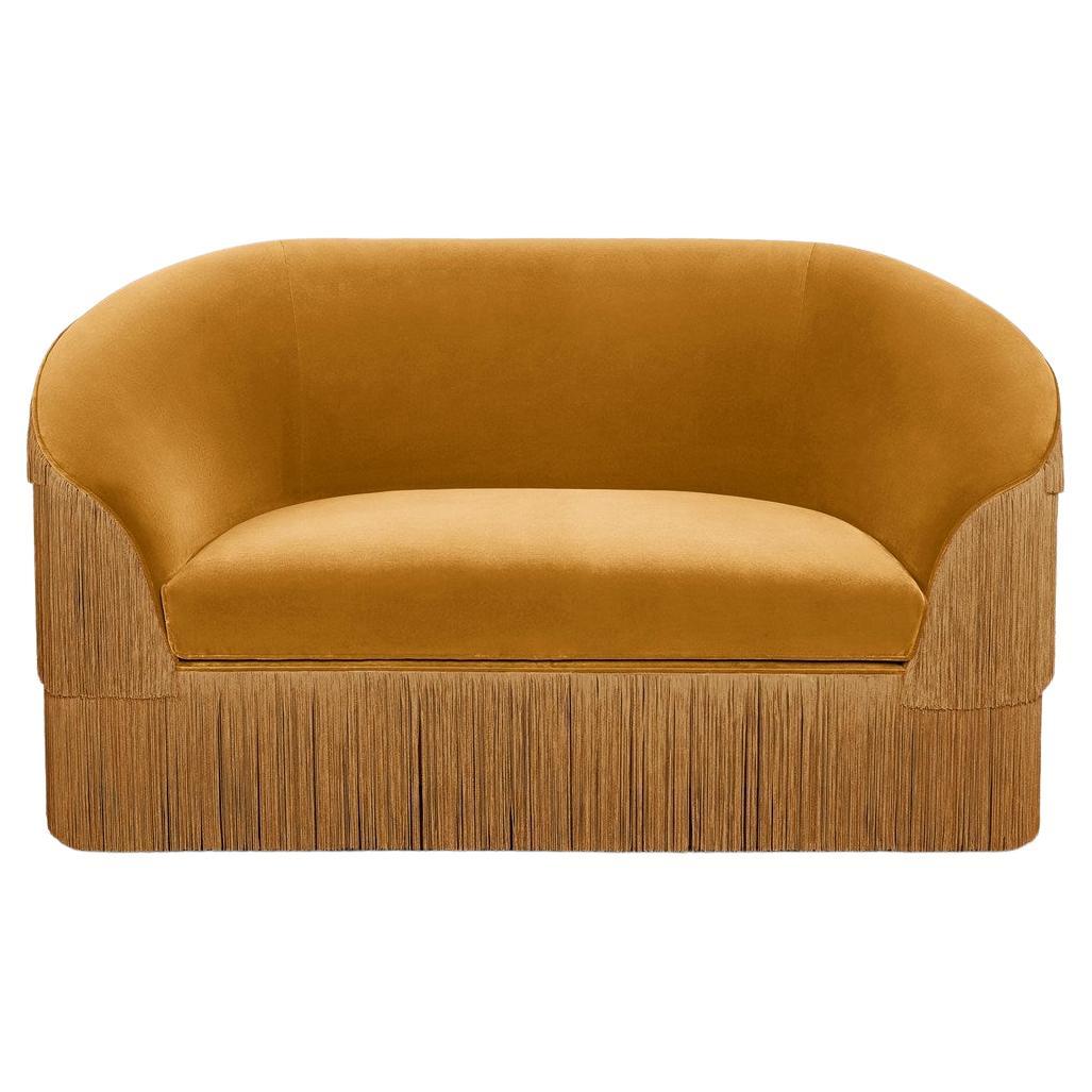 Customizable Fringes Loveseat By Munna In Mustard Cotton Velvet