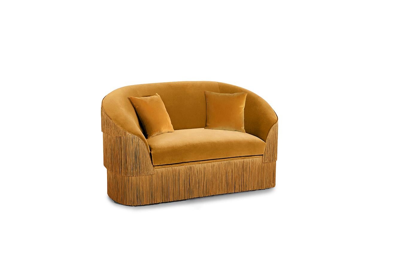 Modern Customizable Fringes Loveseat By Munna In Sage Green Cotton Velvet For Sale