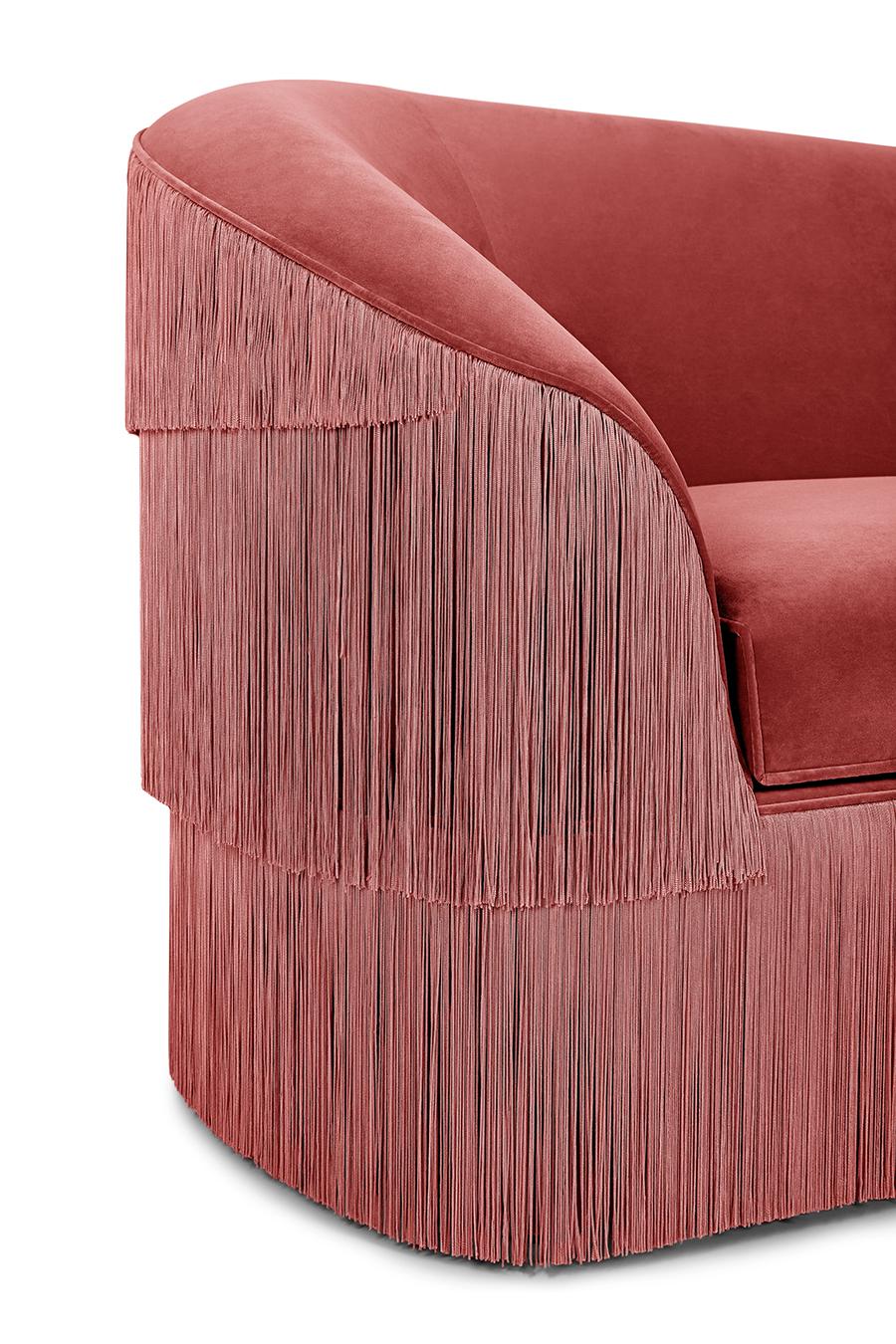 Customizable Fringes Loveseat By Munna In Sage Green Cotton Velvet In New Condition For Sale In NEW YORK, NY