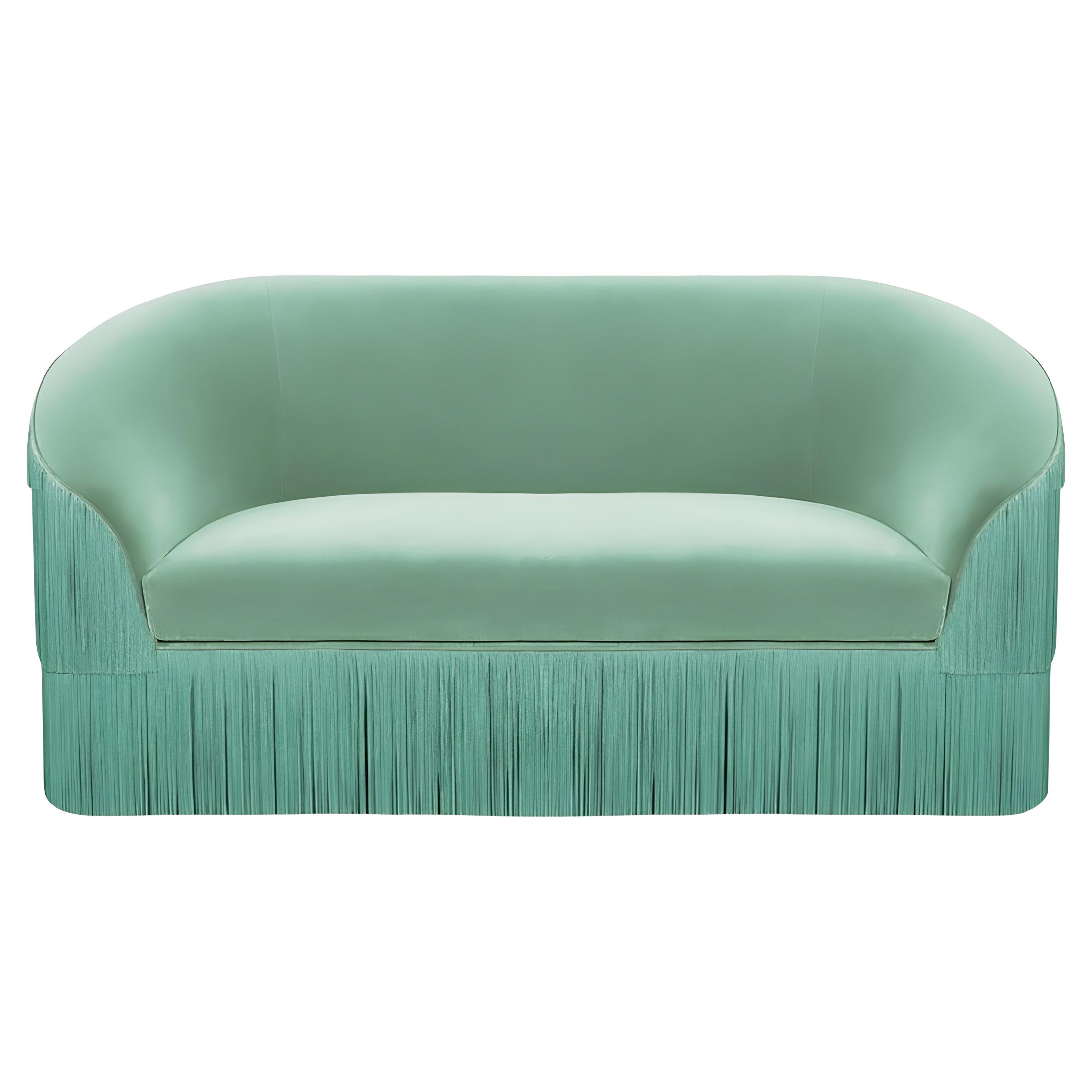 Customizable Fringes Loveseat By Munna In Sage Green Cotton Velvet