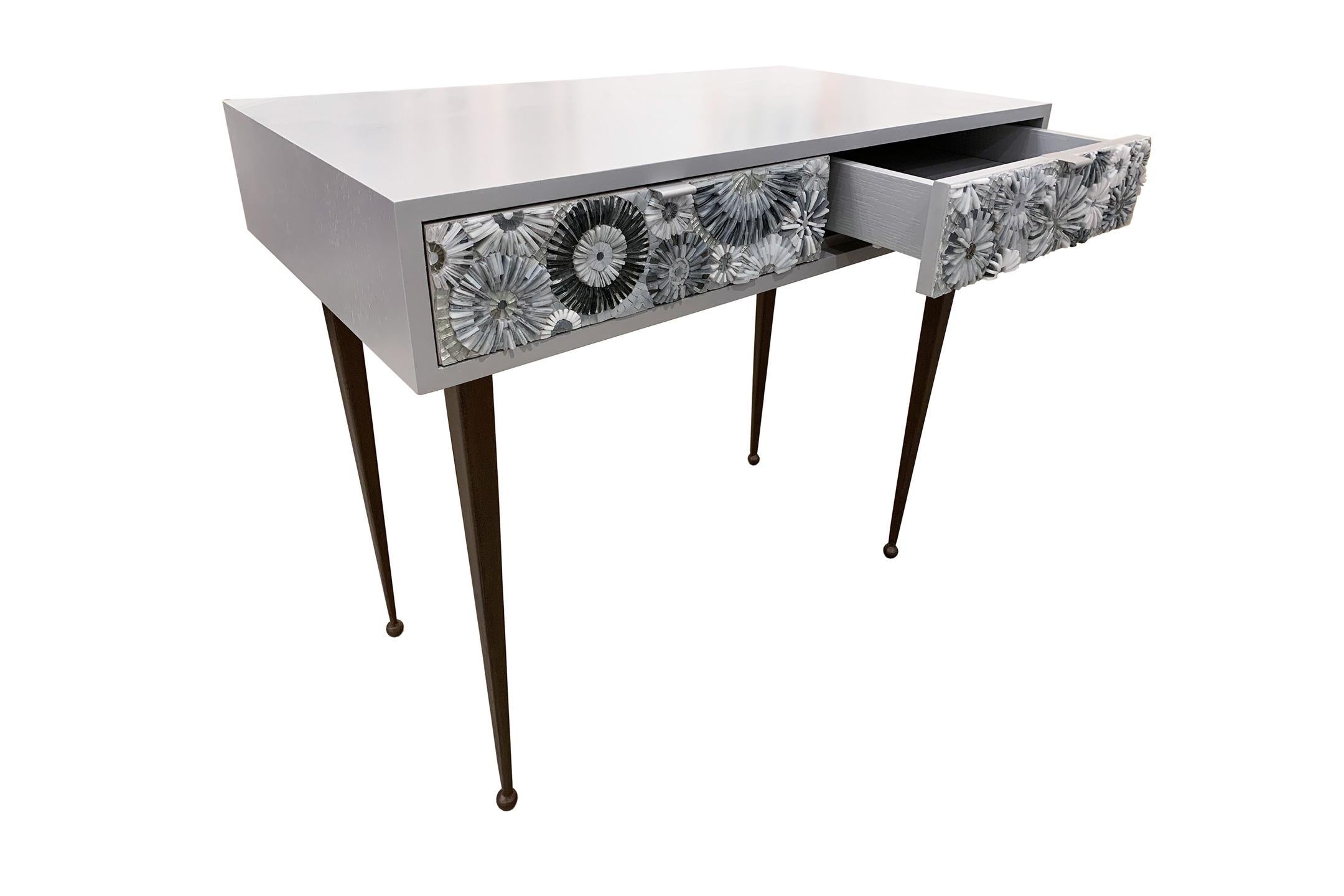 American Modern Gray Blossom Glass Mosaic Desk with Bronze Metal Base by Ercole Home For Sale