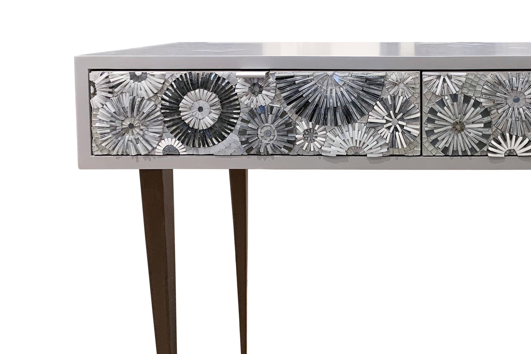Hand-Crafted Modern Gray Blossom Glass Mosaic Desk with Bronze Metal Base by Ercole Home For Sale