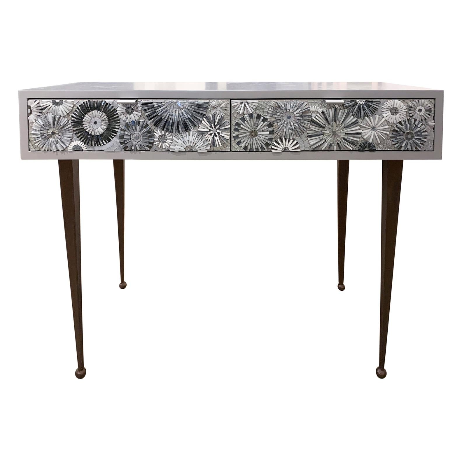 Modern Gray Blossom Glass Mosaic Desk with Bronze Metal Base by Ercole Home