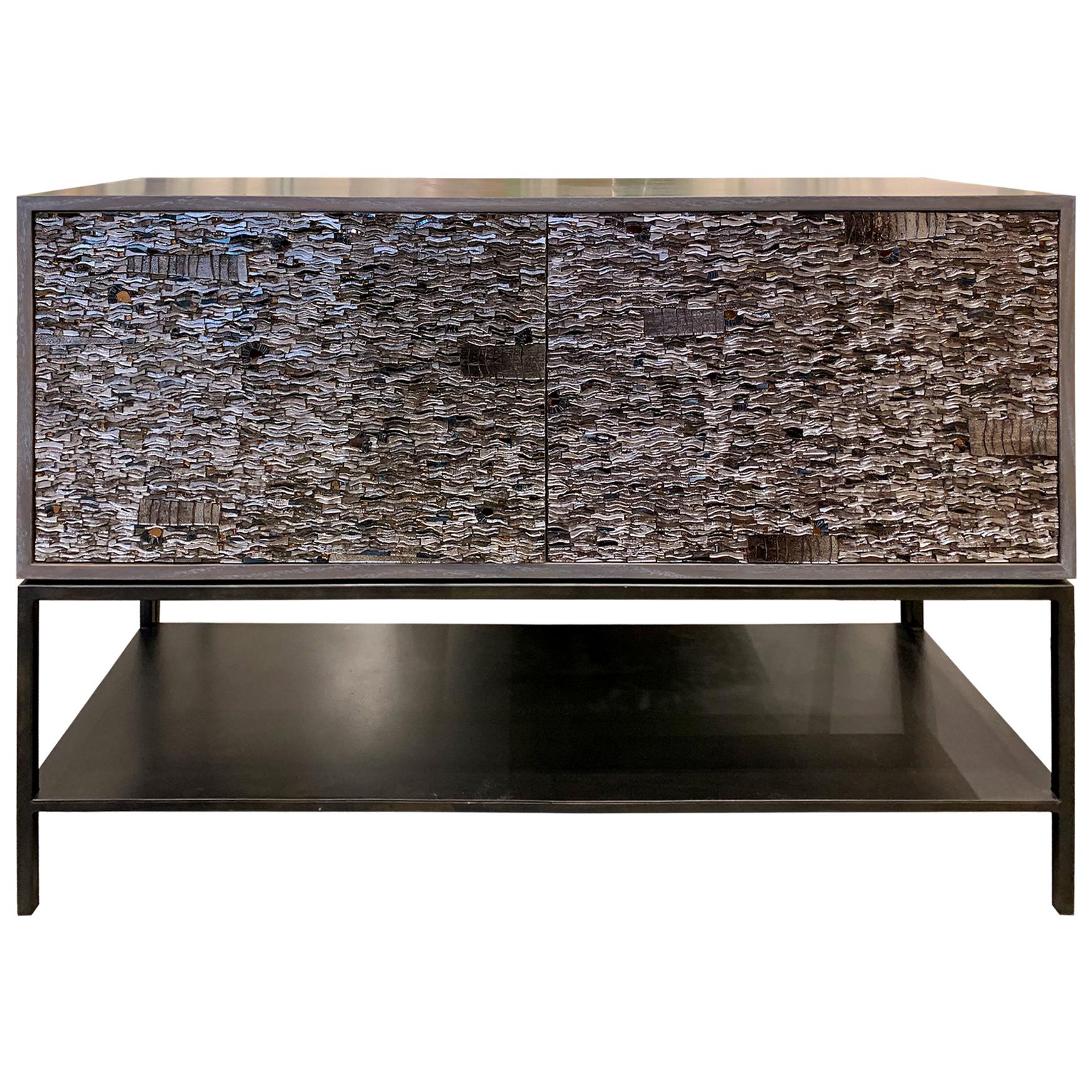 Hand-Crafted Modern Gray Ravenna Glass Mosaic Cabinet with Forged Metal Base by Ercole Home For Sale