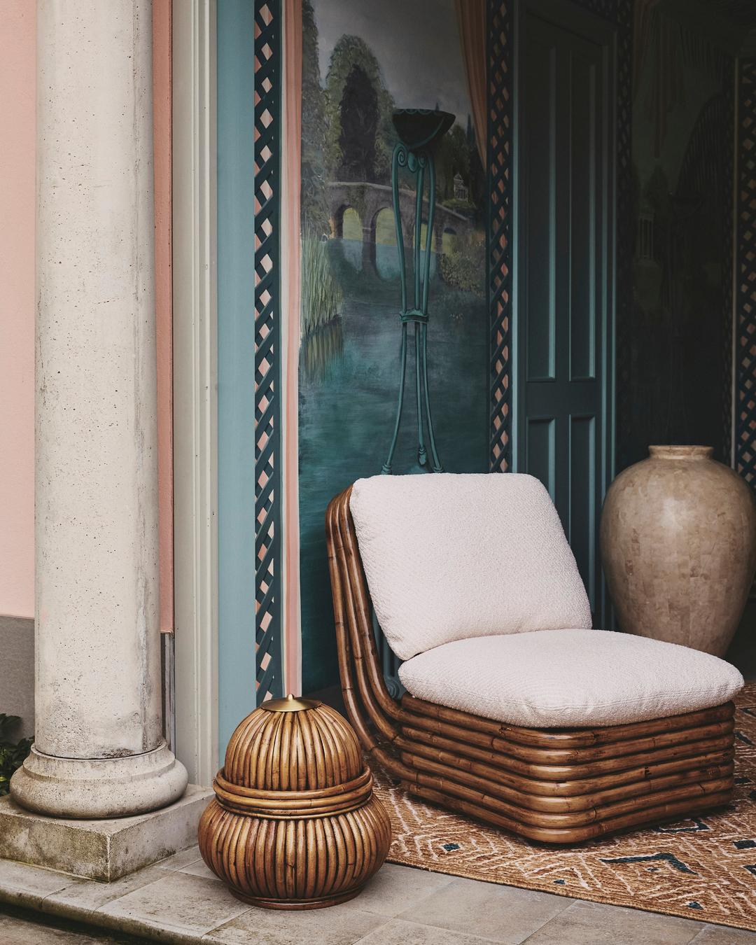 Comprising a lounge chair, three-seater sofa, ottoman and floor lamp – all crafted from rattan – the Bohemian 72 Collection embodies Crespi’s career-long aim to create furniture that seamlessly unites indoor and outdoor living. She never allowed